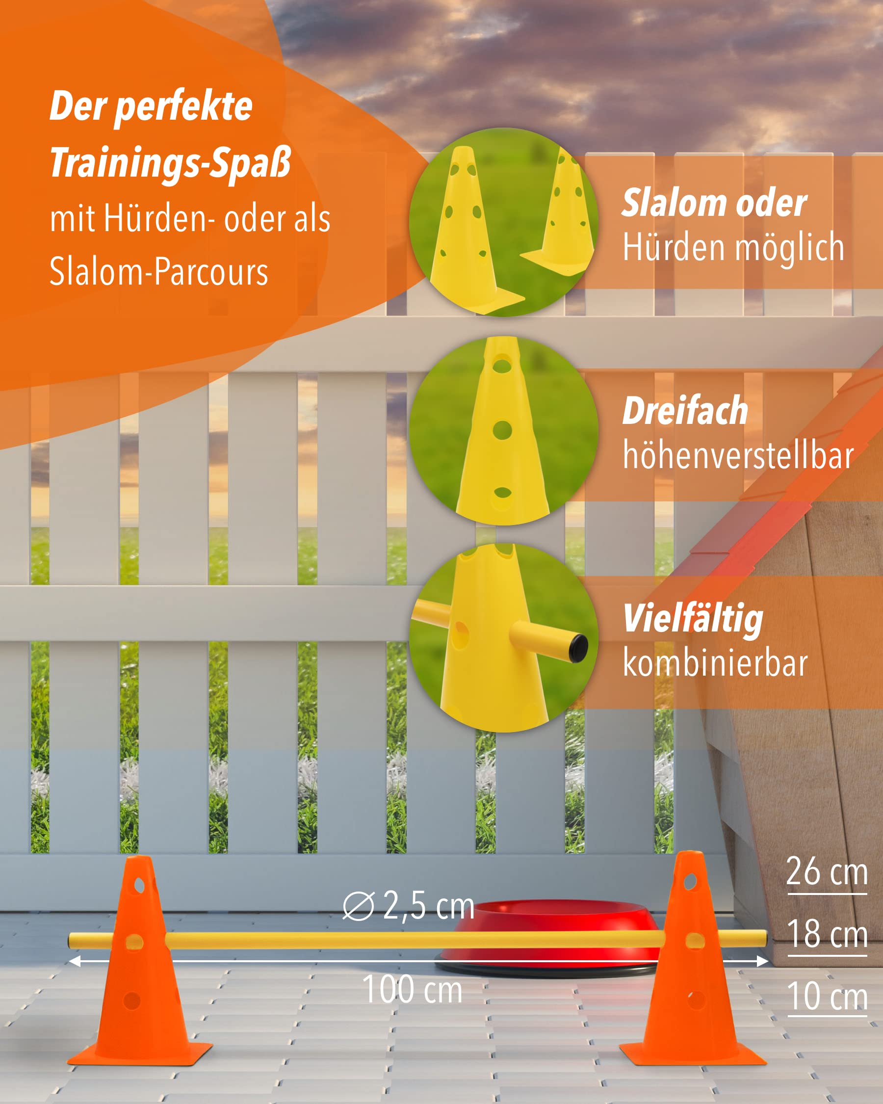 5X Parcours-Hürde - Przeszkoda stożkowa do treningu siłowego - Kapelusz do skoków i slalom dla psów, sportu, koni i dziecka - zestaw 5 szt. - żółty
