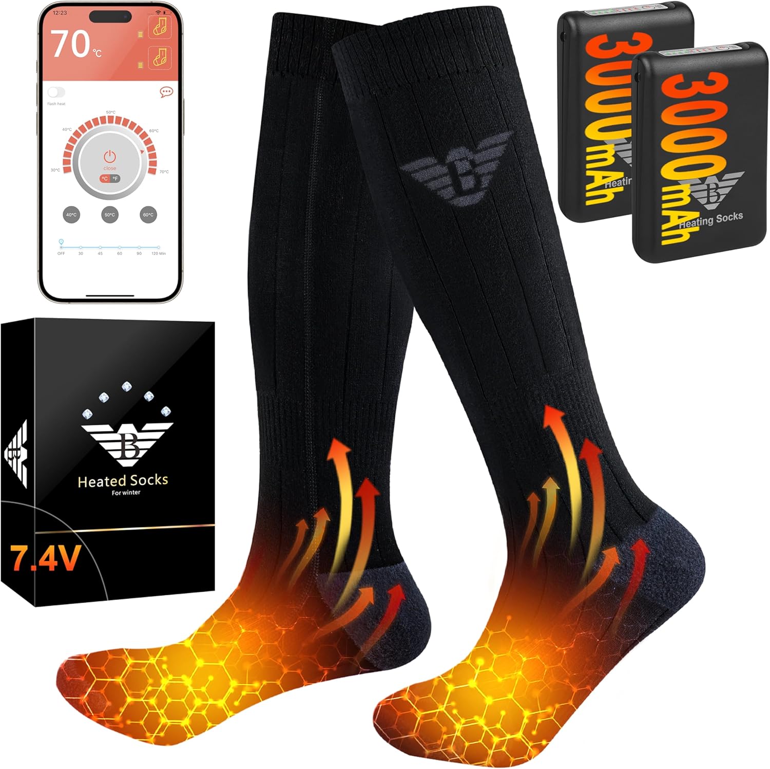 Product image of Chaussettes Chauffantes Homme Femme - 7.4V 3000mAh Chaussette Chauffante, Contrôle des APP Chaussette Chaude pour Activités de Plein Air en Hiver