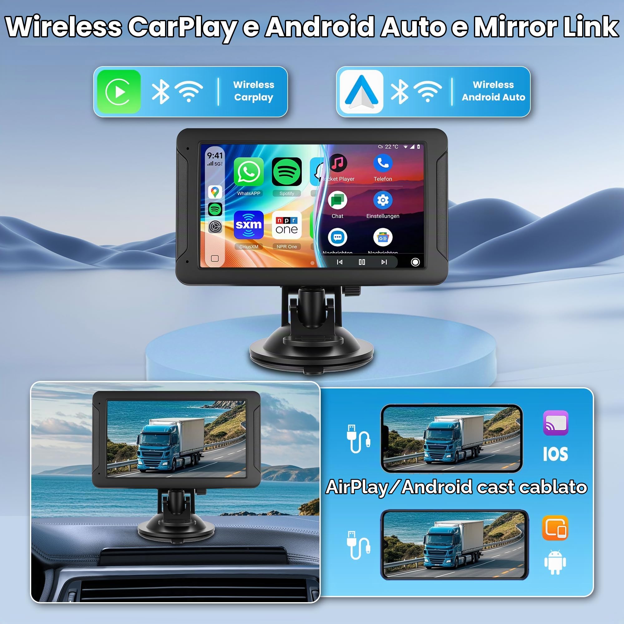 Rimoody Autoradio Portatile 7 Pollici con CarPlay e Android Auto Wireless - Display Touchscreen IPS HD, AirPlay/Android Cast, Trasmettitore FM, Bluetooth per Auto