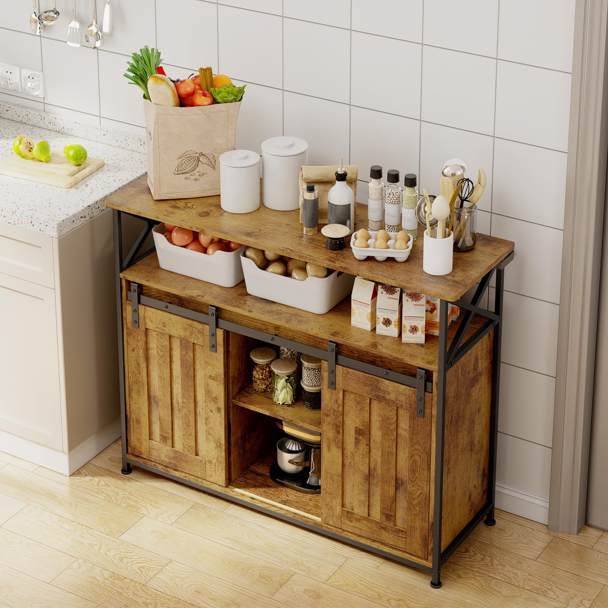 Credenza per Soggiorno Stile Country, con 2 Ante Scorrevoli, Ripiani Regolabili, Mobile Organizzatore in Legno, 33 x 100 x 80 cm, Retro