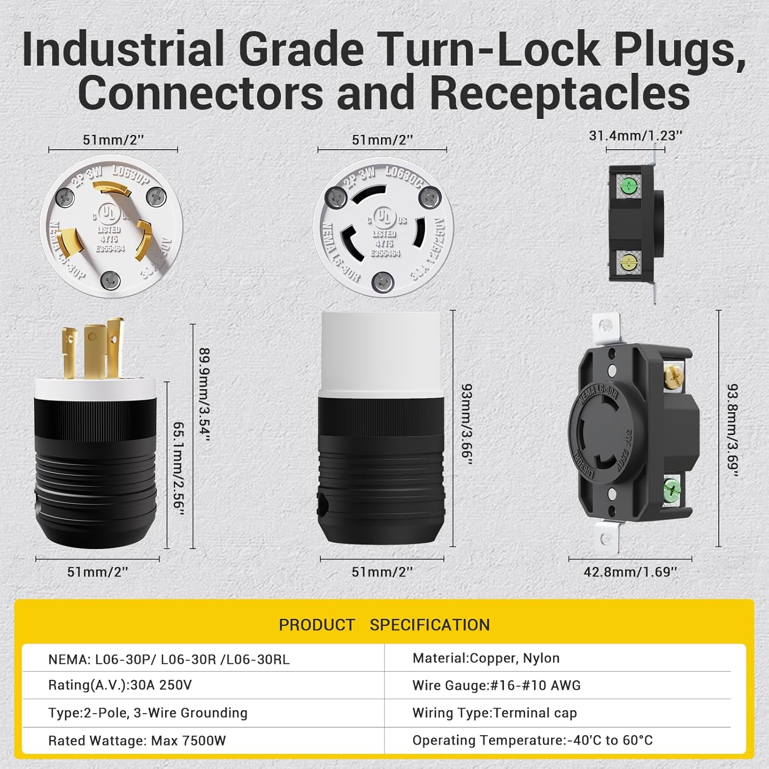 2 Pack NEMA L6-30P & NEMA L6-30R Locking Twist Generator Male & Female Adapter,Plug Connector 30A 250V Twist Lock, Grounding Plug for Generator, RV, Welding Equipment,UL Listed