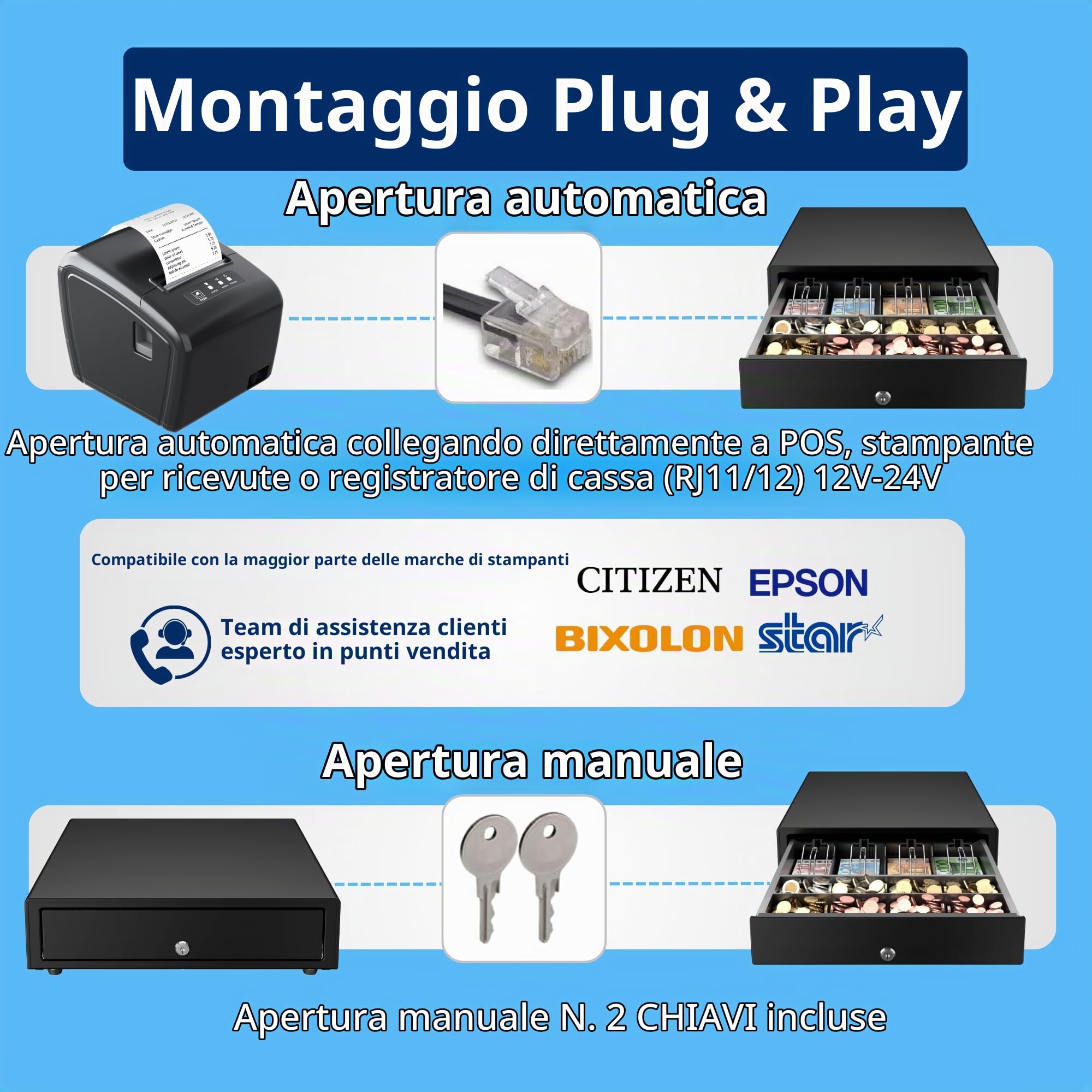 Cassetto per Registratore di Cassa RT, Apertura Automatica RJ/Chiave, Cassetta Portavalori con 4 Banconote 8 Monete (Euro), 35x40cm, Nero