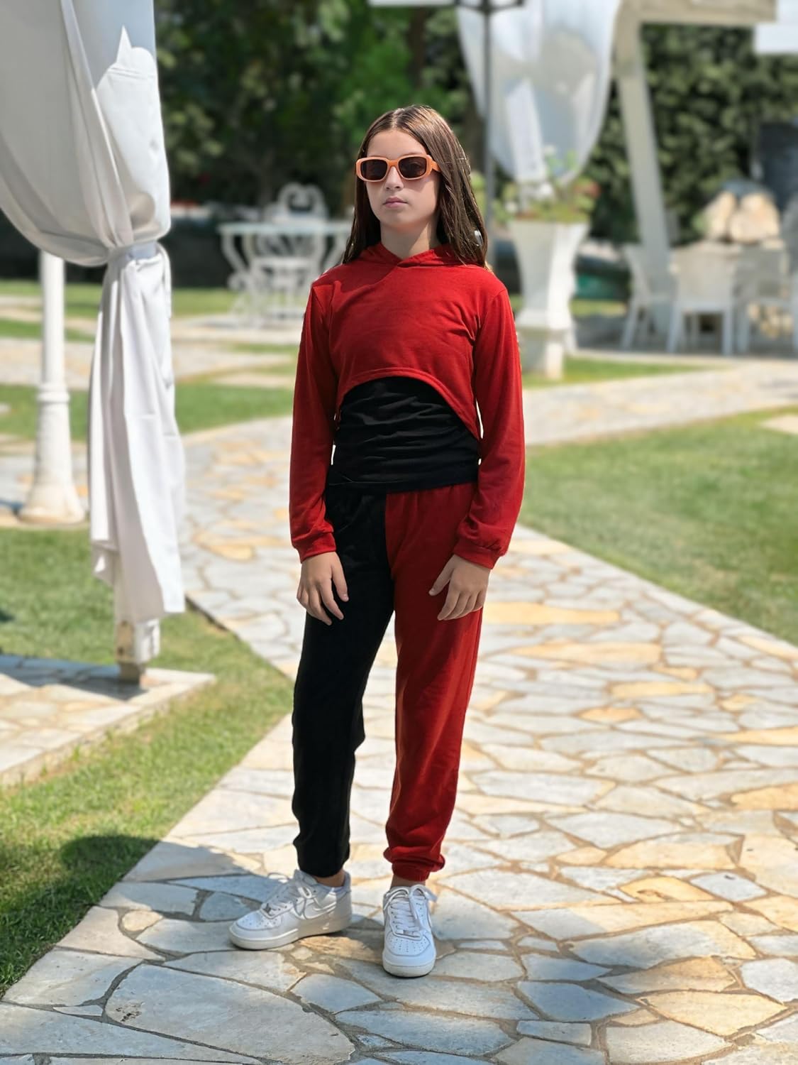 Arshiner 3 Piece Girls Jogger Set Sweatsuits Crop Sweatshirt Hoodie Adjustable Cami Top and Sweatpants