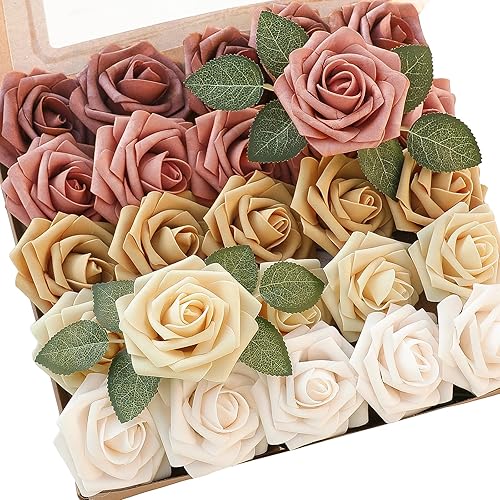 Floroom Flores Artificiales 25 piezas Rosas Falsas de Espuma de Colores Naranja Quemado Degradado de Aspecto Real con Tallos para Ramos de Boda DIY