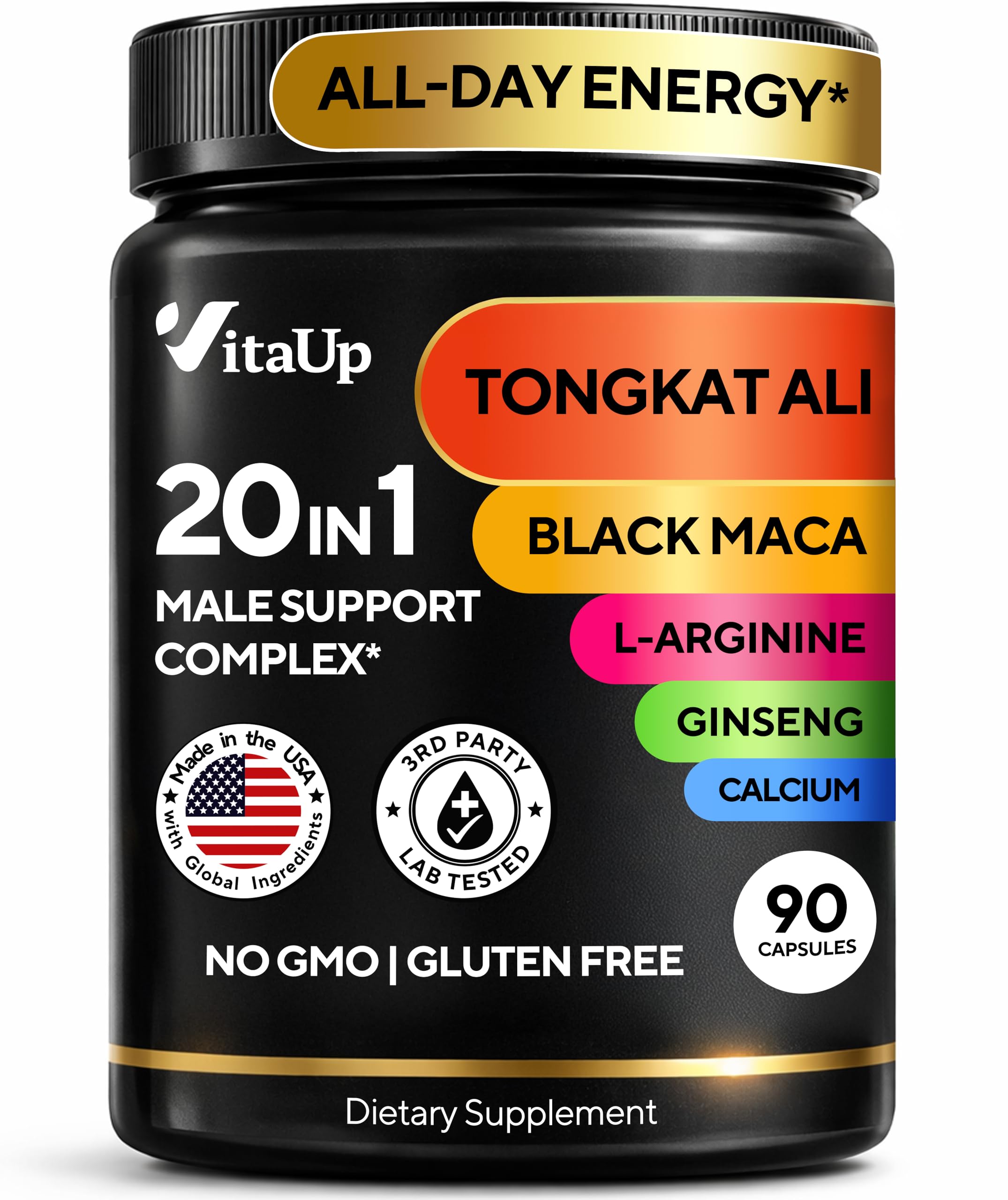 VitaUp Tongkat Ali for Men 20 in 1 with Astragalus - USA Made Mens Supplement Complex with Black Maca Root, L-Arginine, Ginseng, Calcium, Astragalus for Normal Strength & Endurance Support - 90 Caps