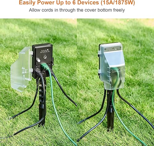 Miniatura 5 de SURAIELEC Temporizador de luz de estaca de energía para exteriores, del atardecer al amanecer, 6 tomas de corriente eléctricas, resistente a la Negro