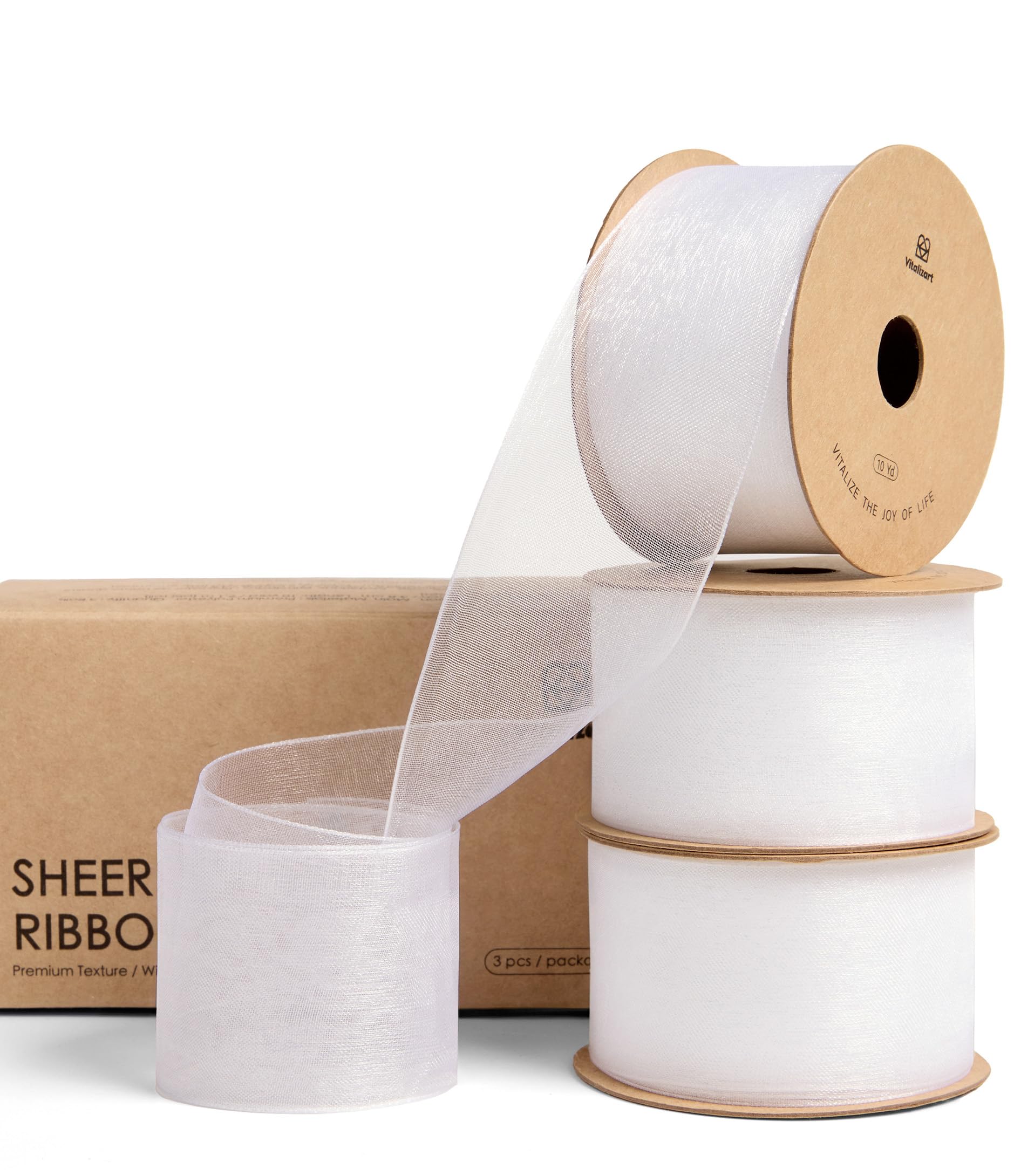 Vitalizart 1.5" x 30 Yd White Organza Ribbon 3 Rolls x 10 Yd, Fabric Sheer Ribbons for Gift Wrapping, Crafts, Wedding Invitations, Christmas Wreath Bows, Bouquet