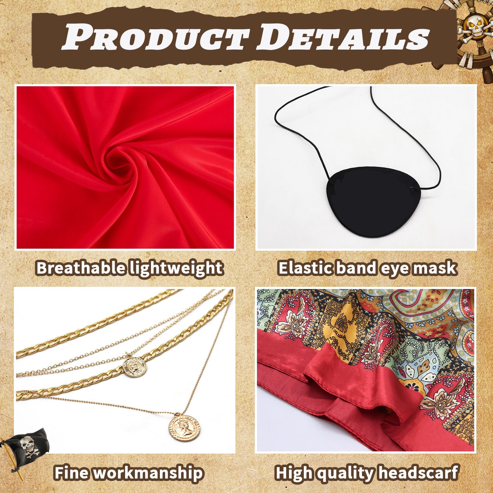 Dazzroi 49 Pcs Pirate Costume Accessories Set for Women Pirate Cosplay Outfit with Red Headscarf Sash Belt Golden Earring Necklace Hair Extension Ring Eye Patch for Halloween Party World Book Day - Image 3