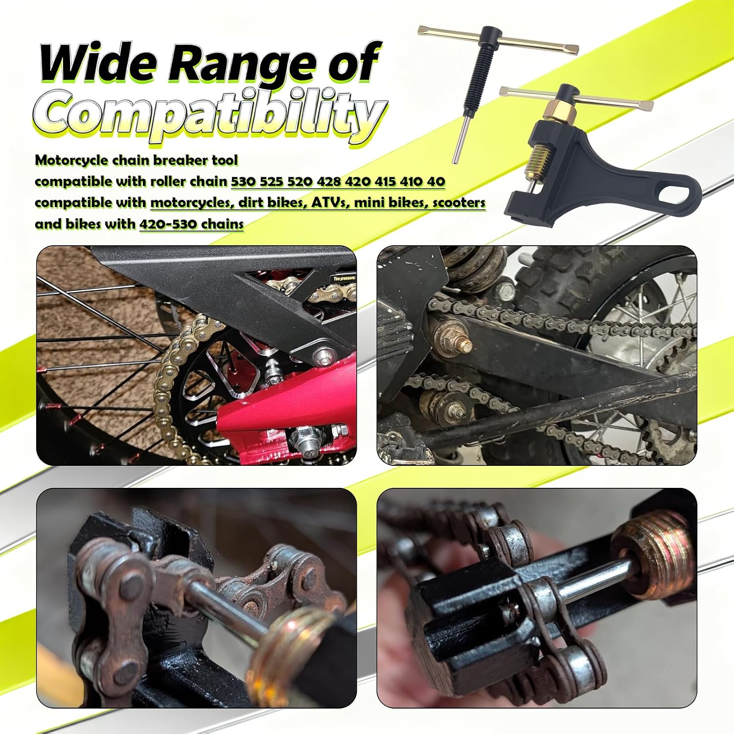Motorcycle Chain Breaker with 420 Chain Master Link,Motorcycle Chains Tool Kit with Breaker Thimble,Professional Chains Removal Tool Kit for 530 525 520 428 420 415 410