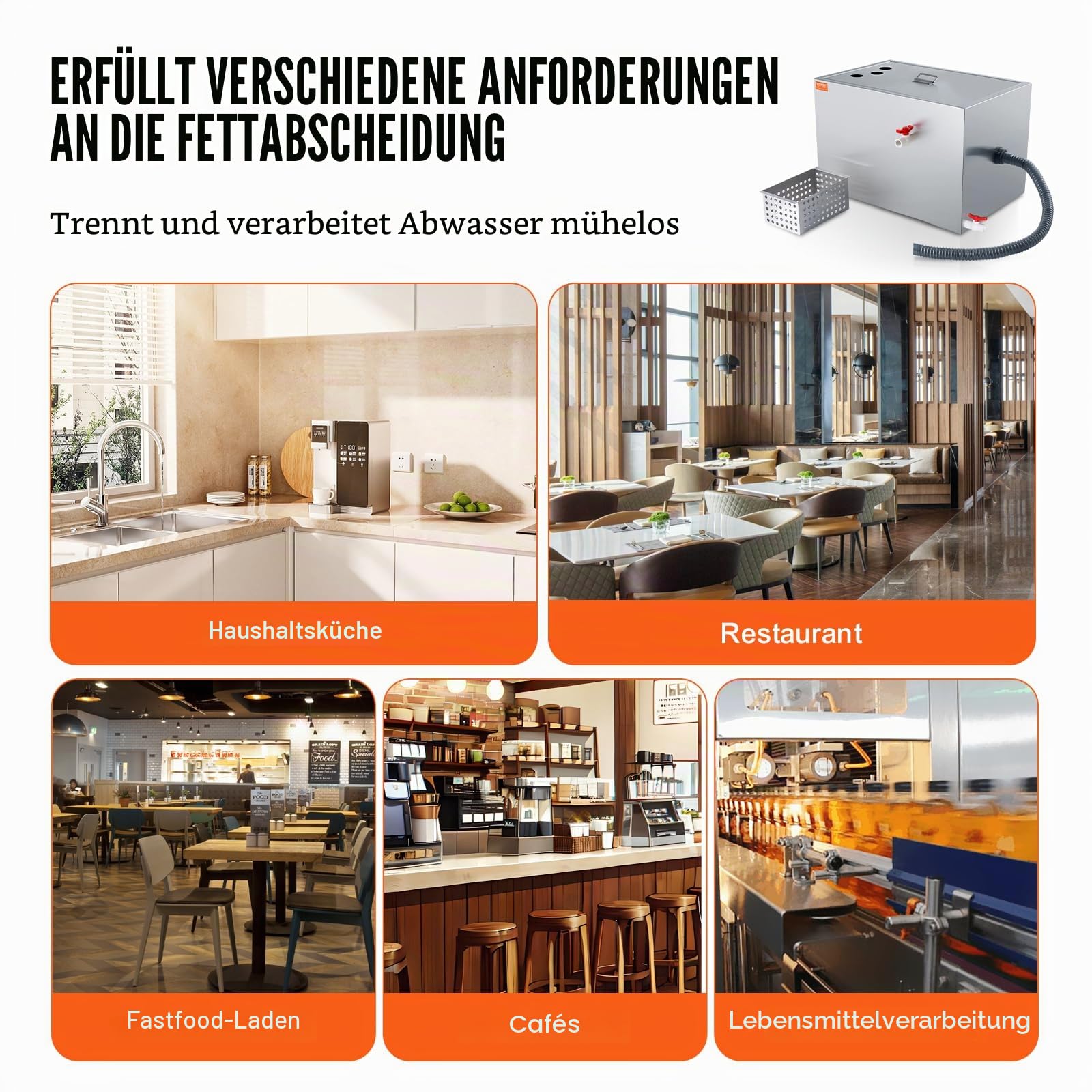 VEVOR Kommerzieller Fettabscheider, 40 lbs Fettabscheider, Zulaufabscheider Oben, 9,96 GPM/min Fettabscheider aus Edelstahl Unter der Spüle, 10 GPM Abwasser-Öl-Wasser-Abscheider, für Restaurant usw.