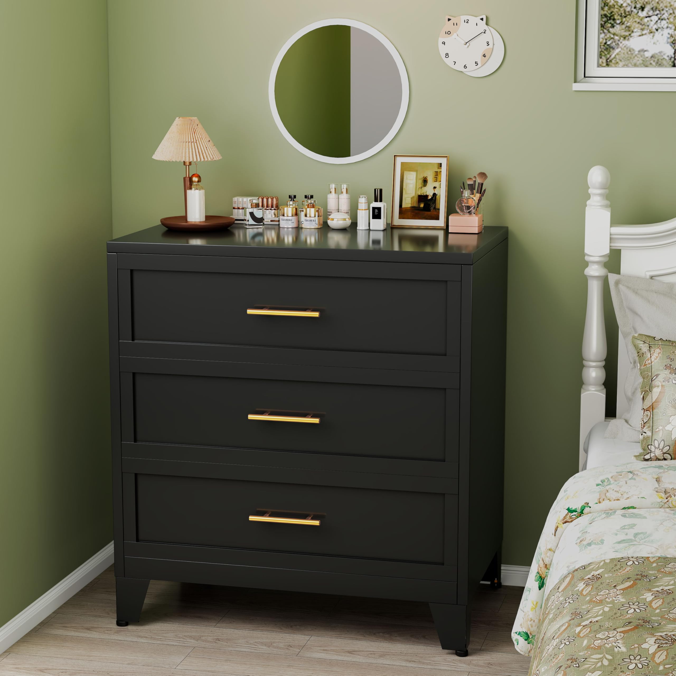 winiowa 3 Drawers Dresser for Bedroom, Metal Dresser & Chest of Drawers, 34.3" H Tall Storage Cabinet Drawers Organizer with Large Storage Space,