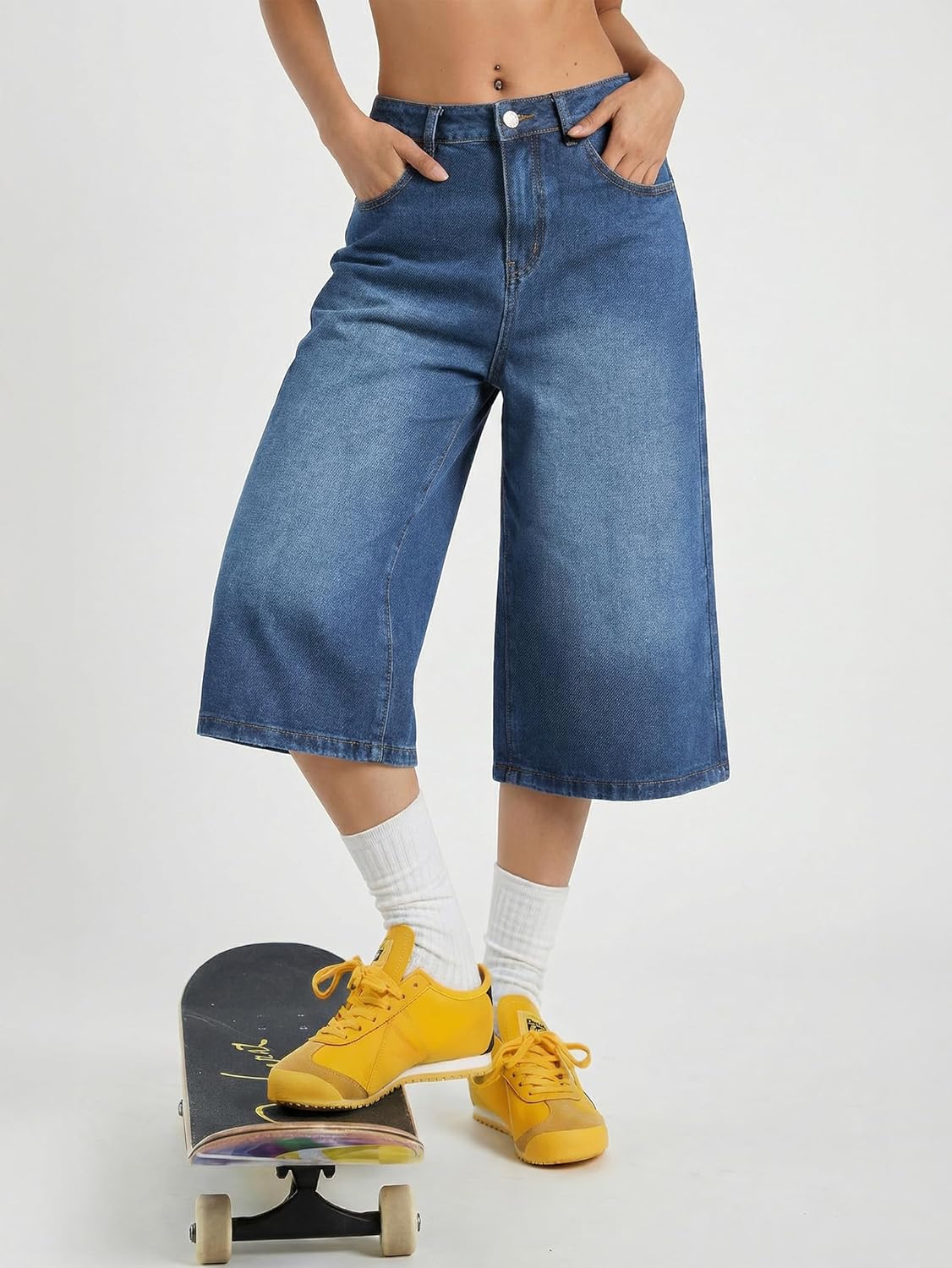 EMMIOL Womens Long Jorts Baggy Y2K Mid High Waisted Retro Jean Shorts Trendy Streetwear Wide Leg Denim Bermudas - Image 5