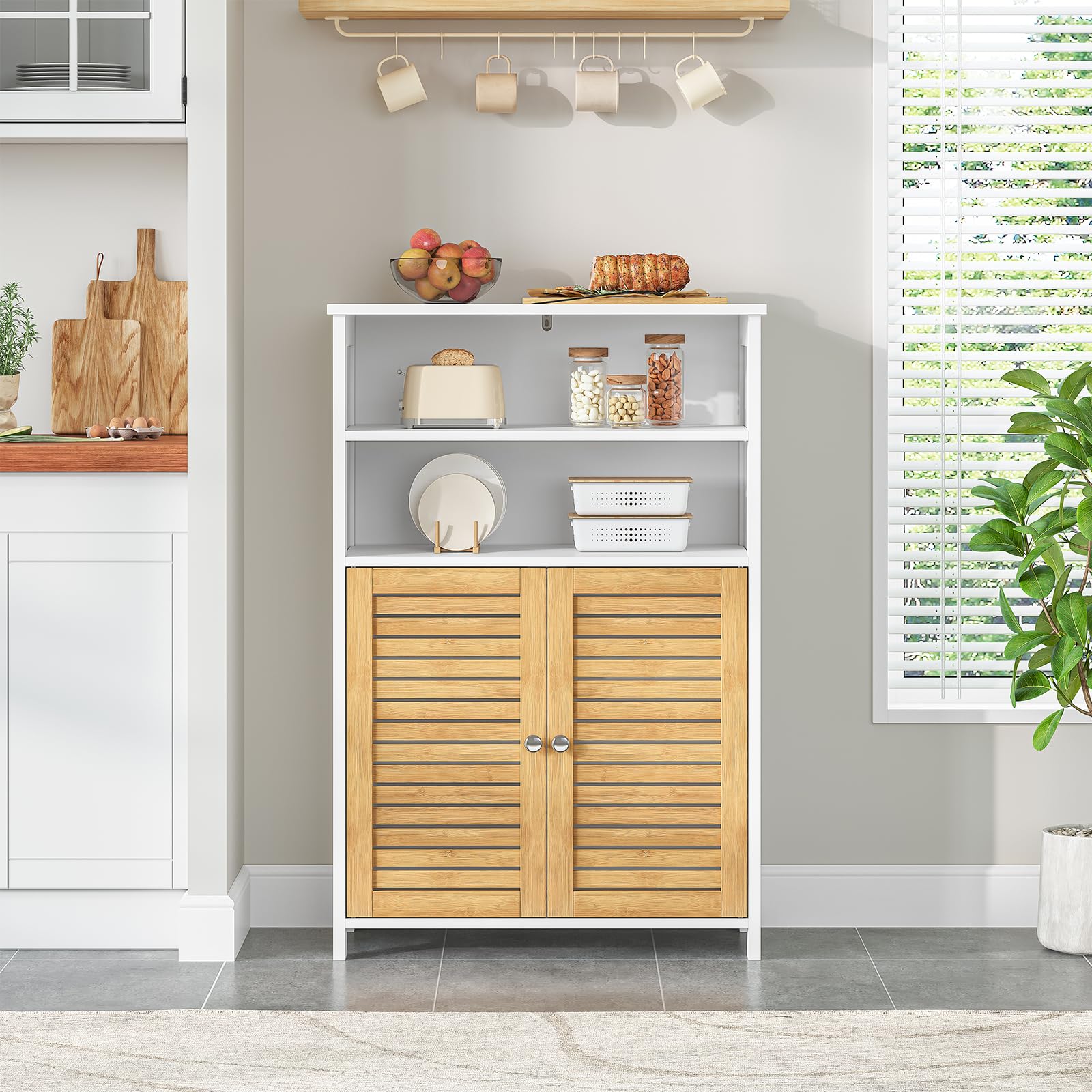 Meuble de Salle de Bain, Armoire de Rangement Cuisine avec 2 Compartiments Ouverts et 2 Portes en Bambou, Meuble de Rangement pour Salle à Manger, Cuisine, Salon, 60x30x100 cm