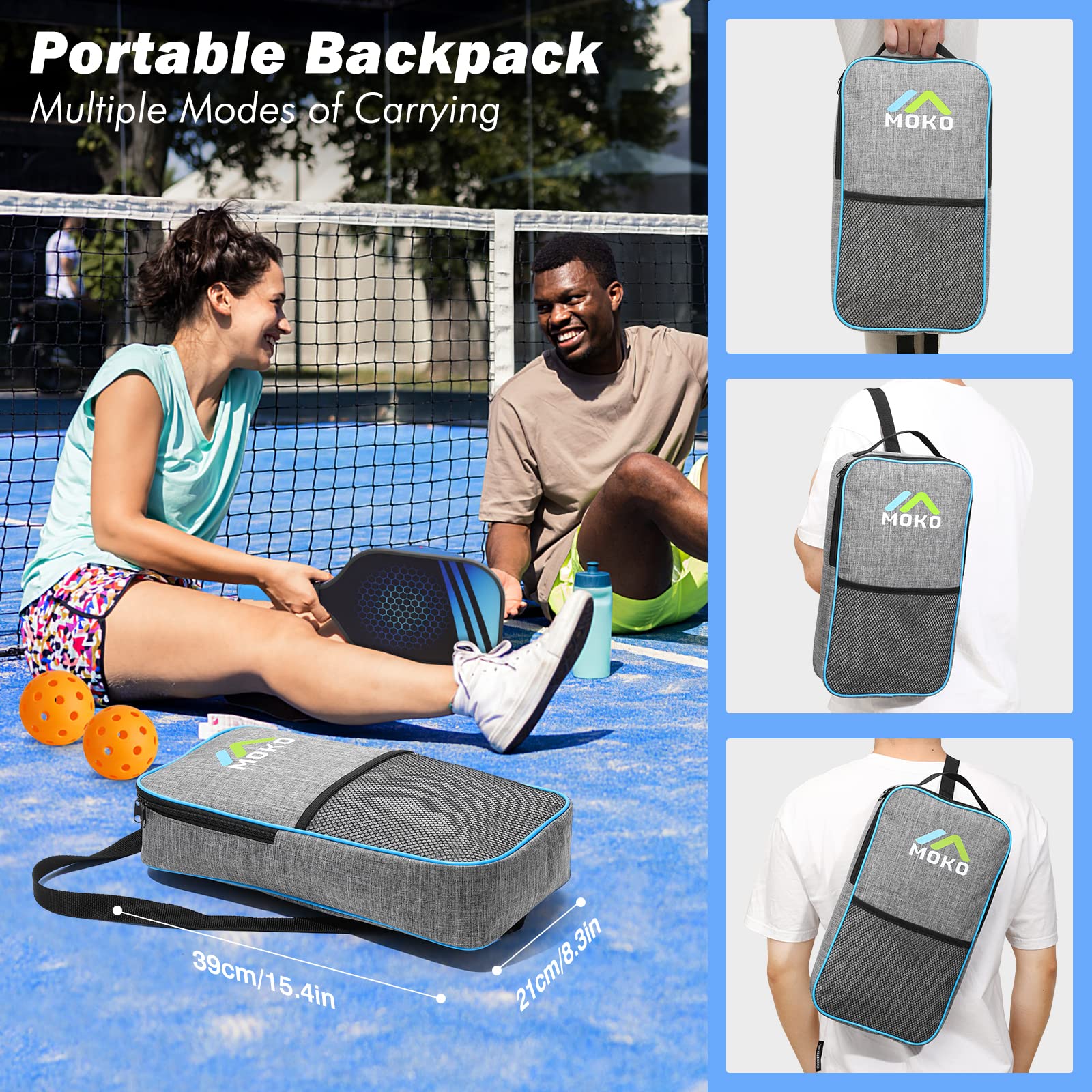 MoKo Pickleball Paddel Set, 2 Paar Leicht Pickleball Schläger aus Fiberglas mit 4 Pickleball Bälle und 1 Pickleball Tasche für Indoor Outdoor Sport Anfänger und Professionelle Spieler, Blau + Lila