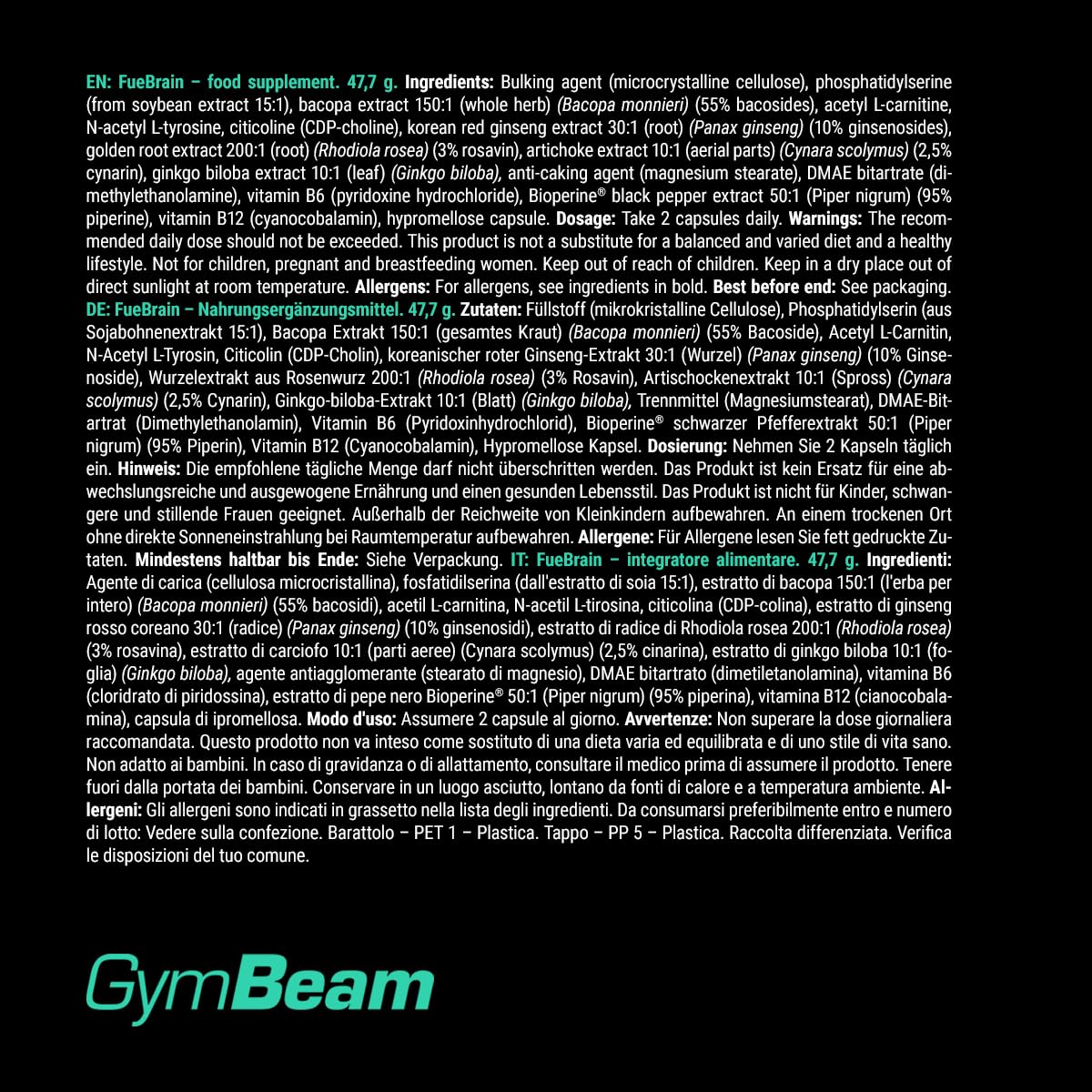 GymBeam FueBrain Nootropic - complesso con Ginkgo Biloba per sostenere le prestazioni mentali e la concentrazione, migliorare la memoria e le funzioni cognitive