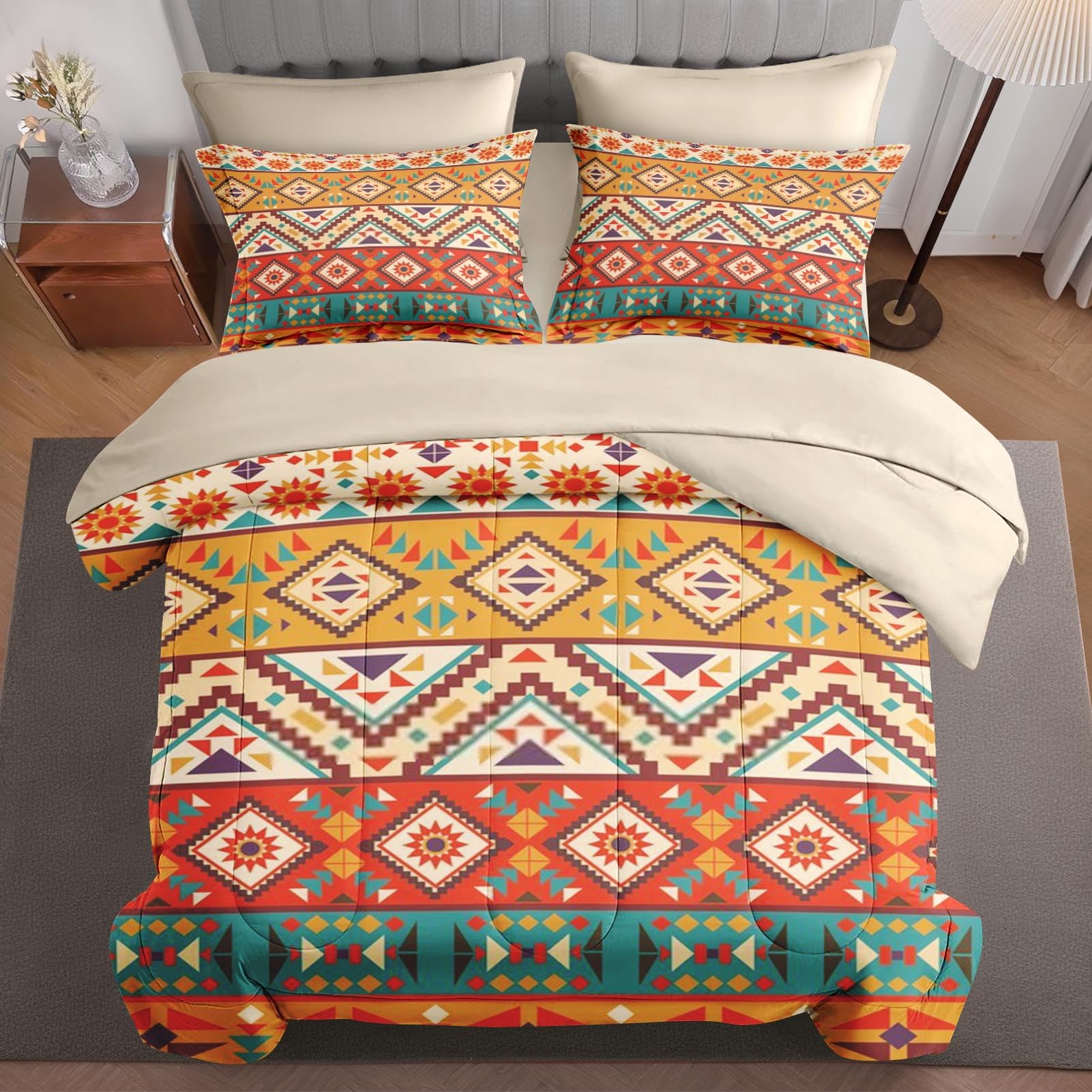 7 Pcs Comforter Set King Size, Colorful Tribal Mexico Bed in a Bag with Flat Sheet and Fitted Sheet for Kids and Adults, Mexican Aztec Sun Bedding Set with Pillowcases & Shams