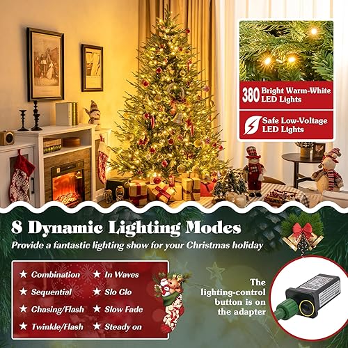 Miniatura 3 de Goplus Árbol de Navidad artificial preiluminado de 7 pies, árbol de Navidad con bisagras con 380 luces LED blancas cálidas, 8 modos de iluminación,