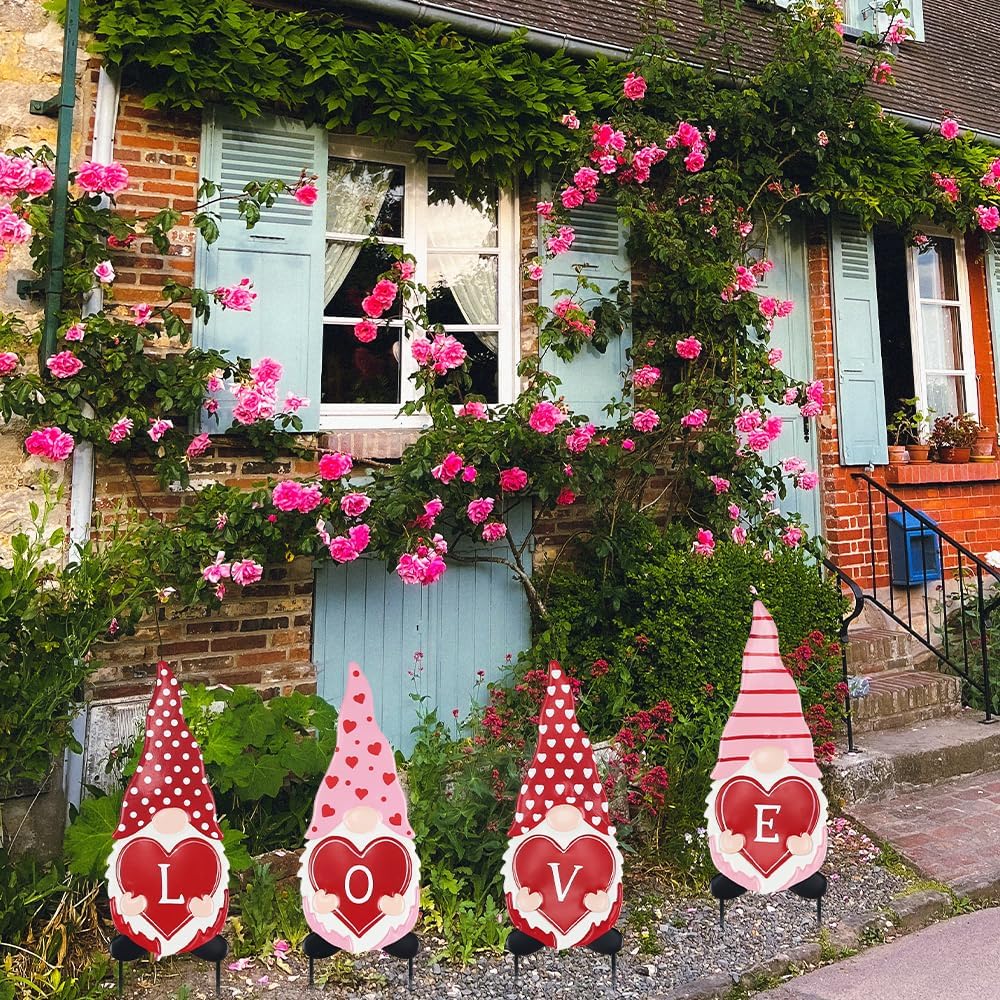 hogardeck Valentines Day Decorations Outdoor, 4 Pcs Metal Gnomes Decorative Garden Stakes for Valentines Day Decor, Yard Sign with Love Garden Decor for Home Outside Lawn Porch Anniversary Wedding