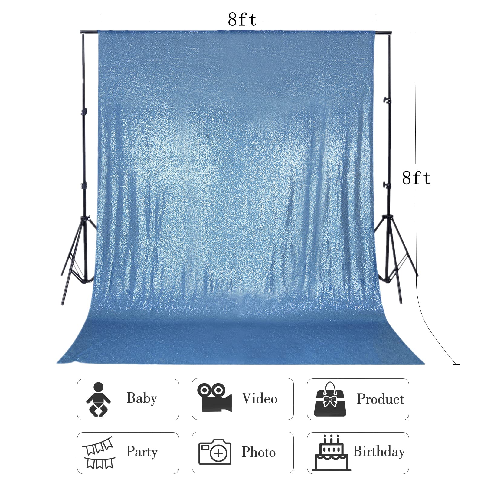 Telón de fondo de lentejuelas azul de 2,4 m x 2,4 m, telón de fondo para bodas, cumpleaños, baby shower, eventos