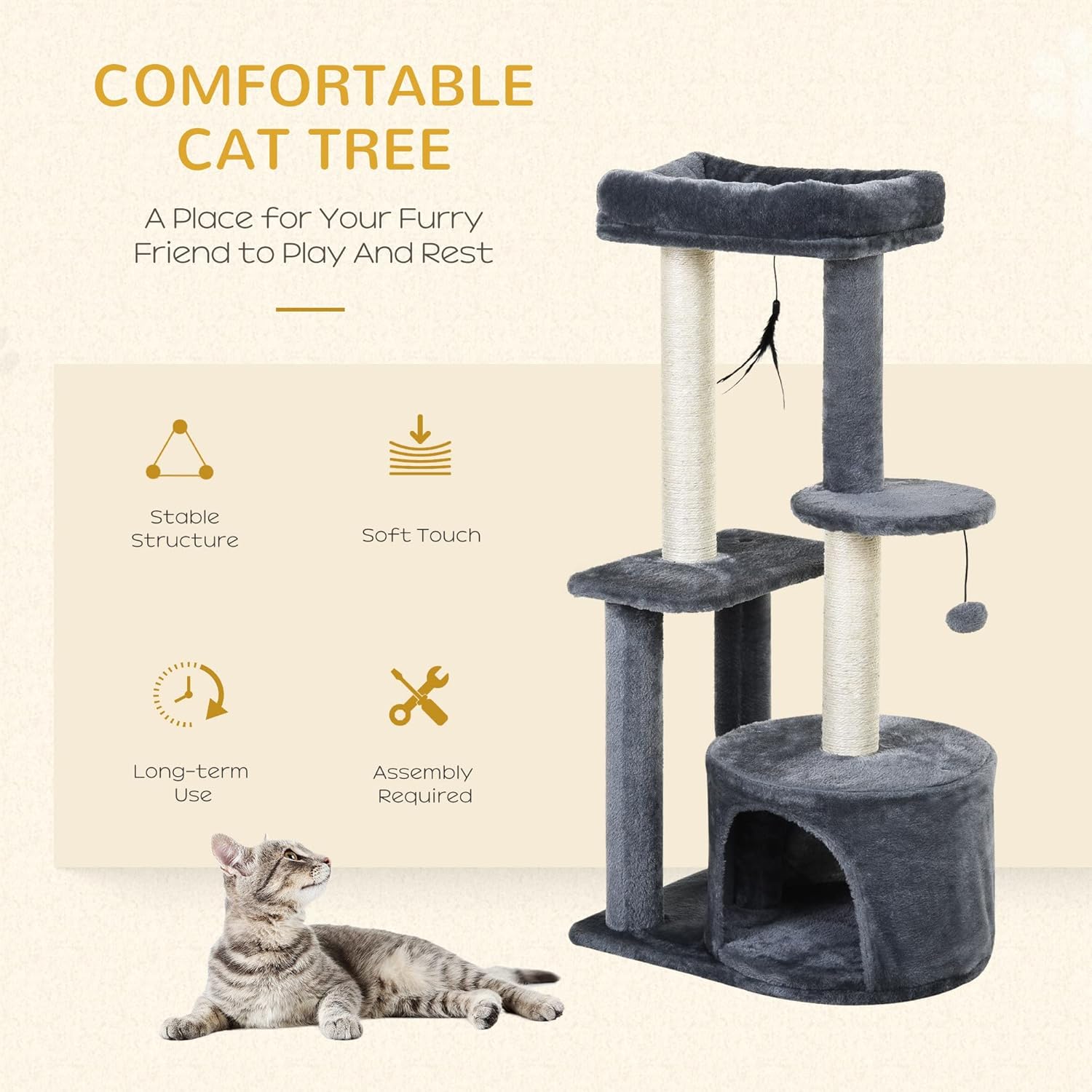 PawHut Cat Multi-Activity Tree Tower with Perch House, Scratching Post, Play Ball 6 819oFTBY7tL. AC SL1500