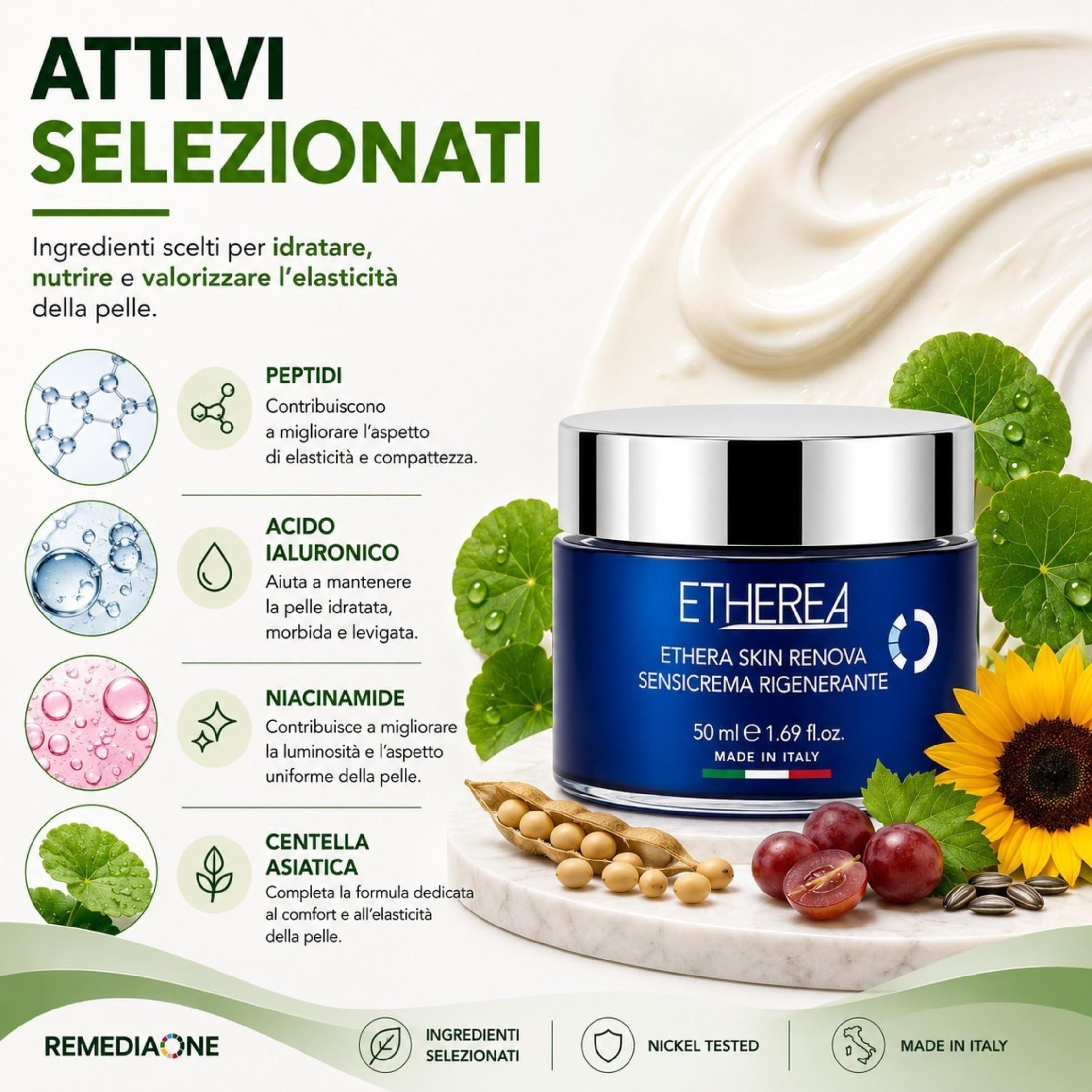 REMEDIA ONE Etherea Crema Viso Antirughe Rigenerante con Peptidi, 50 ml