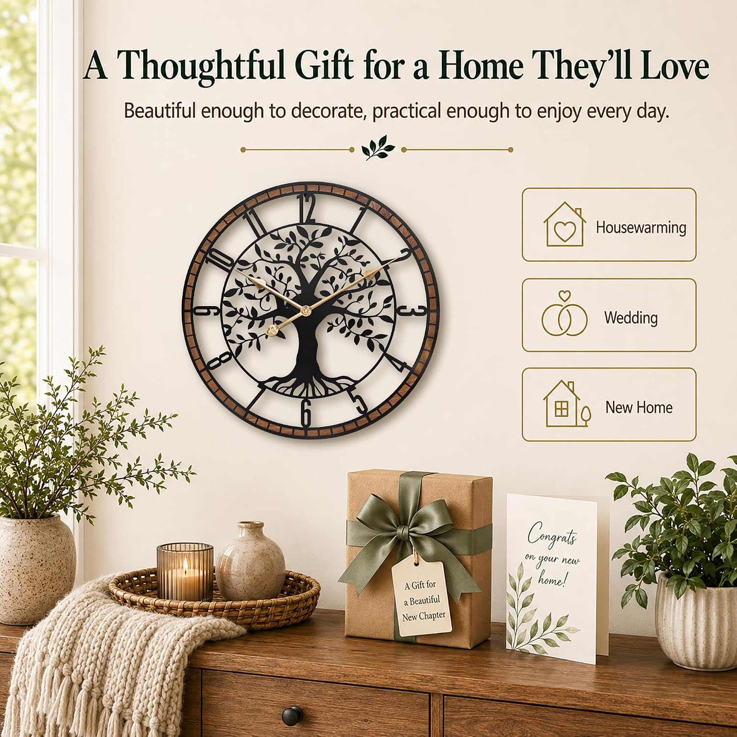 16 Inch Arabic Numerals Tree Wall Clocks for Living Room Decor,Wood Frame