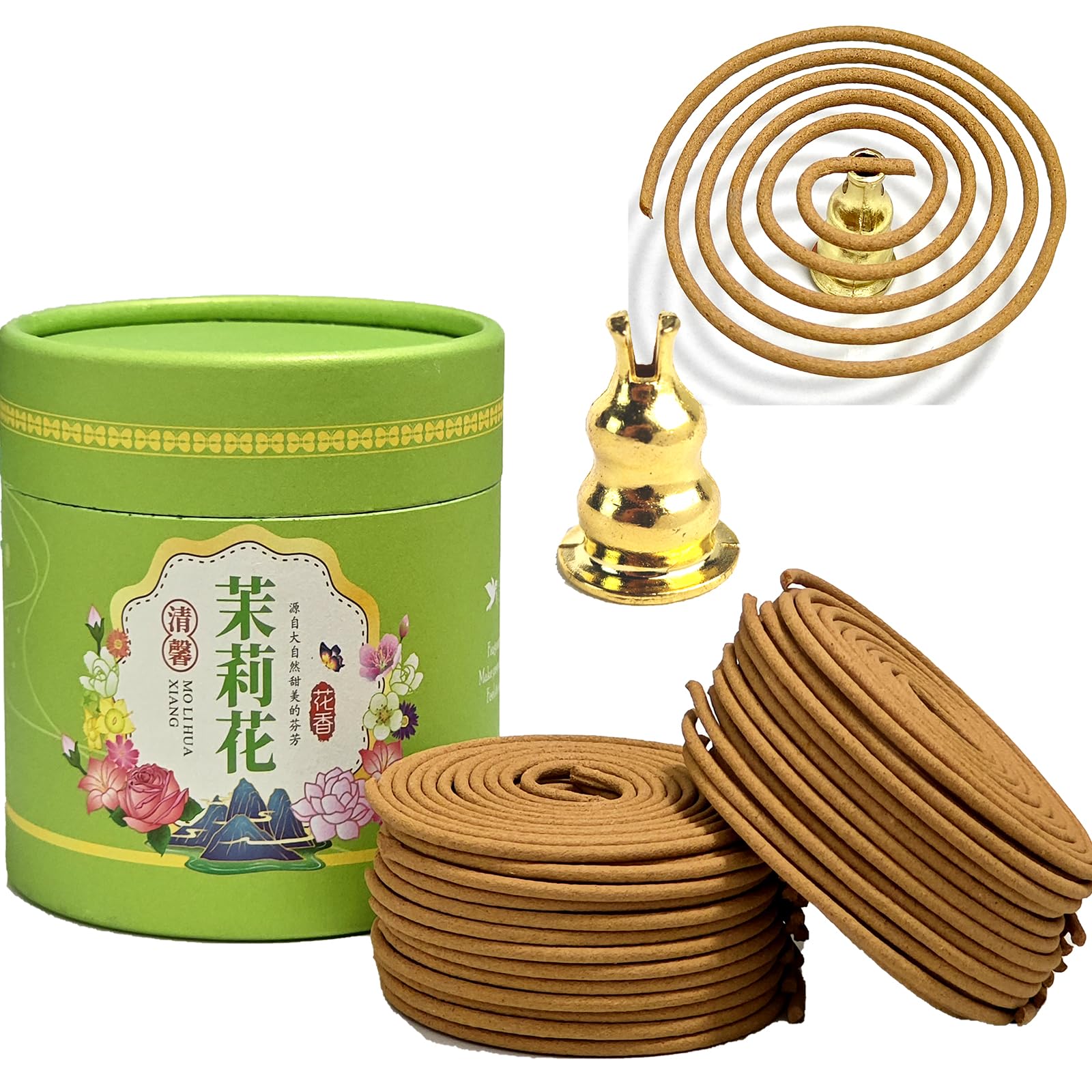 AMASSIVEROCK Jasmine Coils Incense (48 PCS) Spiral Incense Coil Incense Holder Burner, Natural Chinese Incenses Coils Spiral Design for Long-Lasting