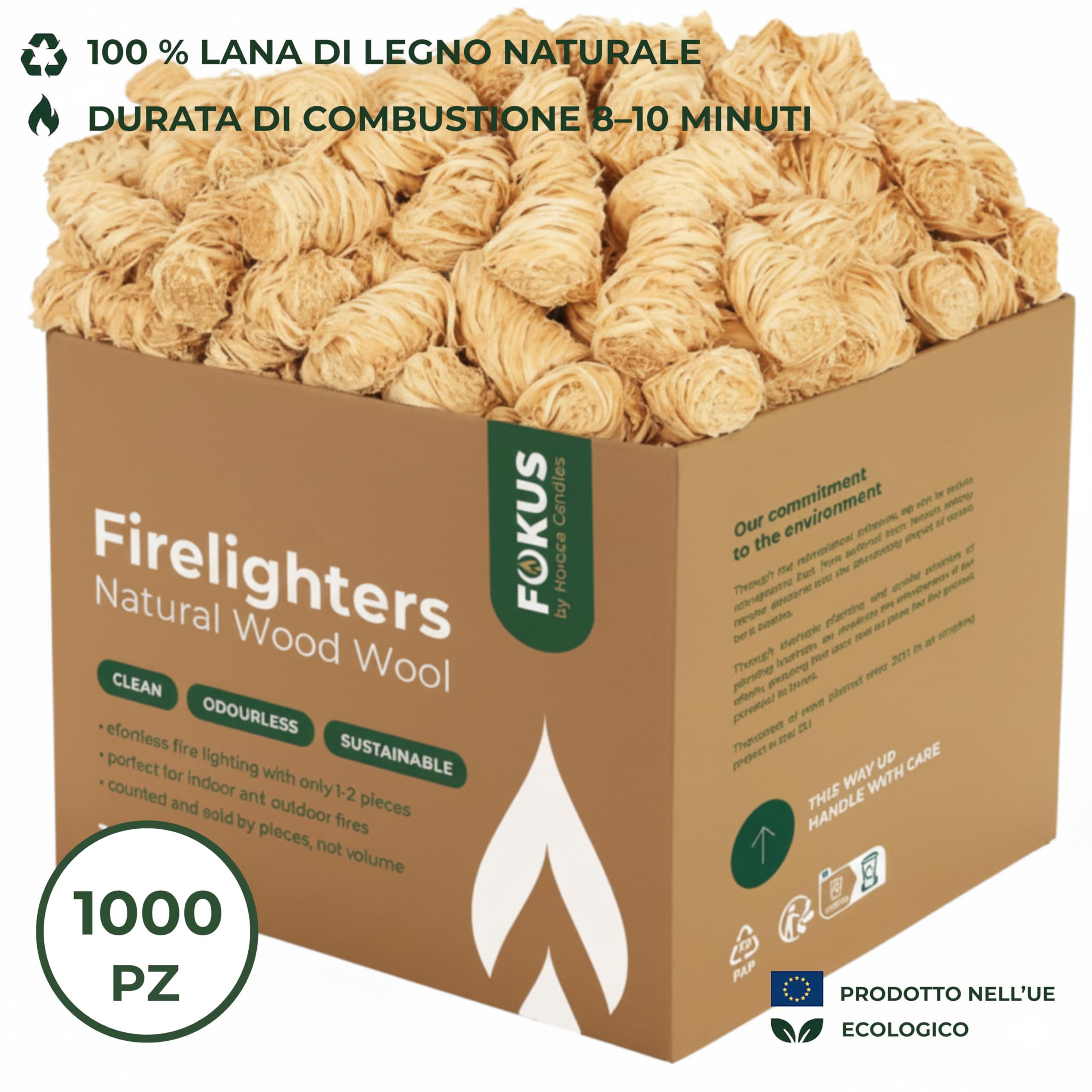 HORECA CANDLES Riccioli Accendifuoco Ecologico - Confezione da 1000 Accendi Fuoco in Legna Arricchiti con Cera - Accensione Sicura, Pulita e Naturale per Carbonella, Barbecue, Camino, Stufa