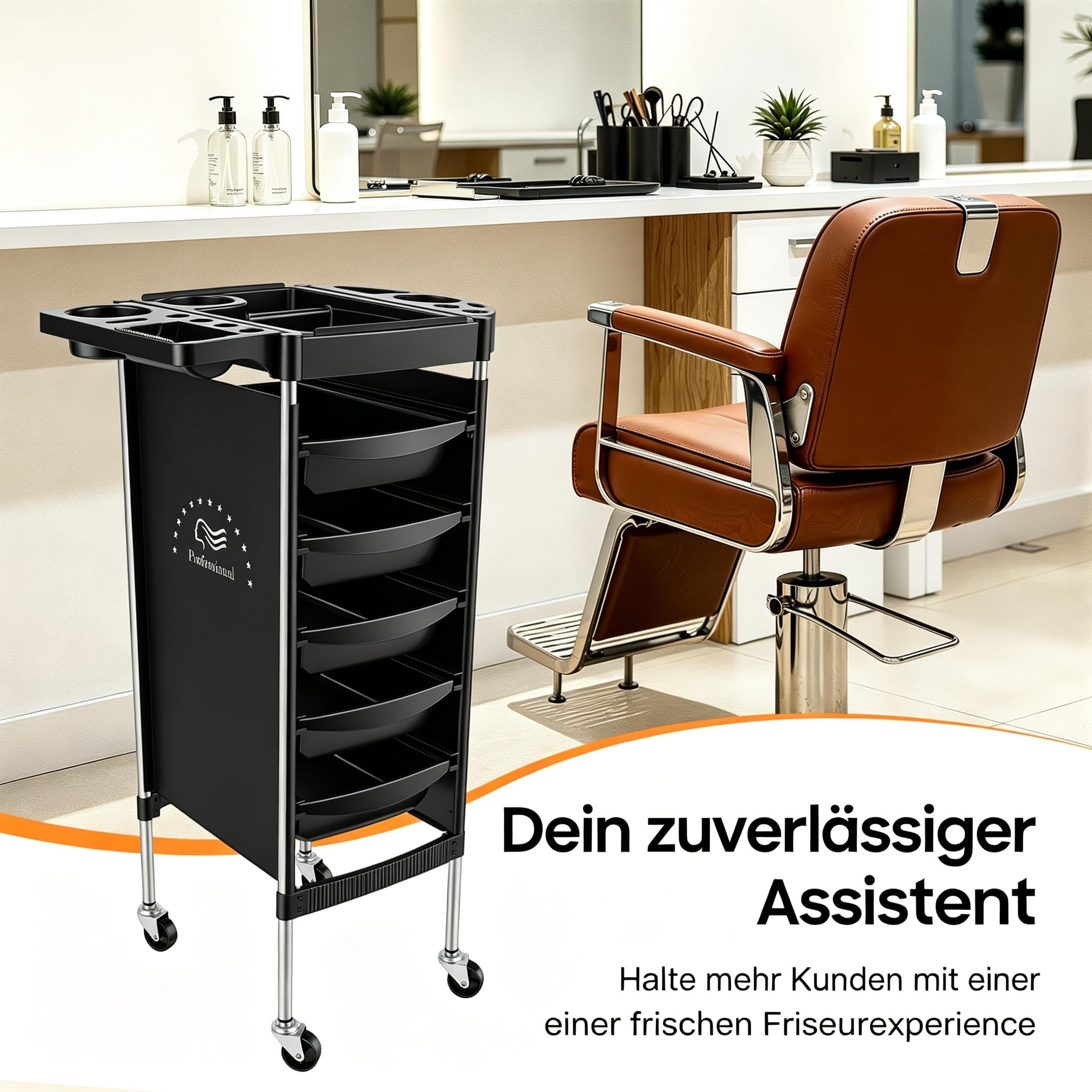Friseurwagen mit Rollen, 36 * 85.5cm 5 Schubladen Salon Rollwagen Rechteckig mit Mehrere Aussparungen für Friseurbedarf, Schmuck, Kosmetika, Schwarz