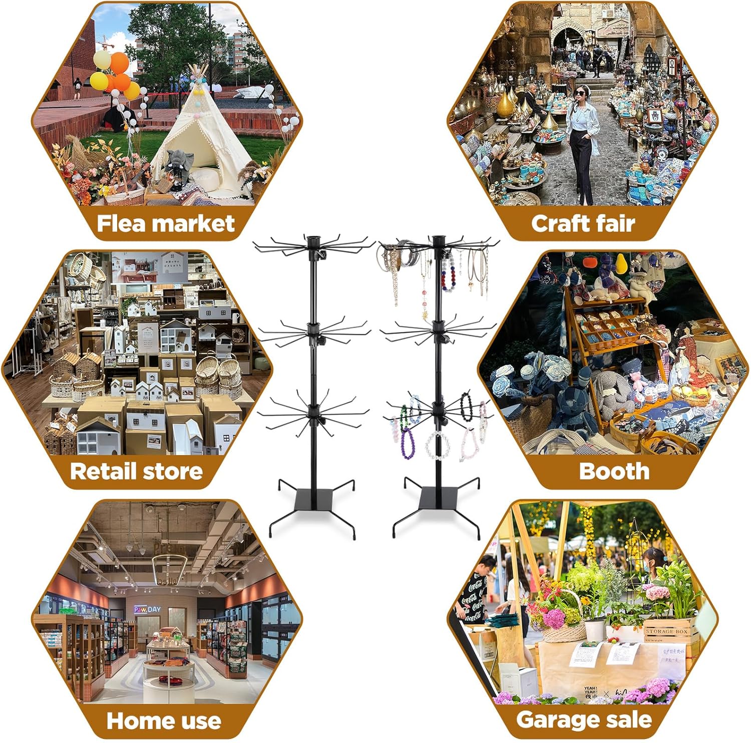 2 Pcs 3 Tier Rotating Display Stand Black Metal Retail Display Stand with Hooks for Necklace, Bracelet, Earrings, and Keychains, Adjustable Height, 28.35 x 11.81 Inch
