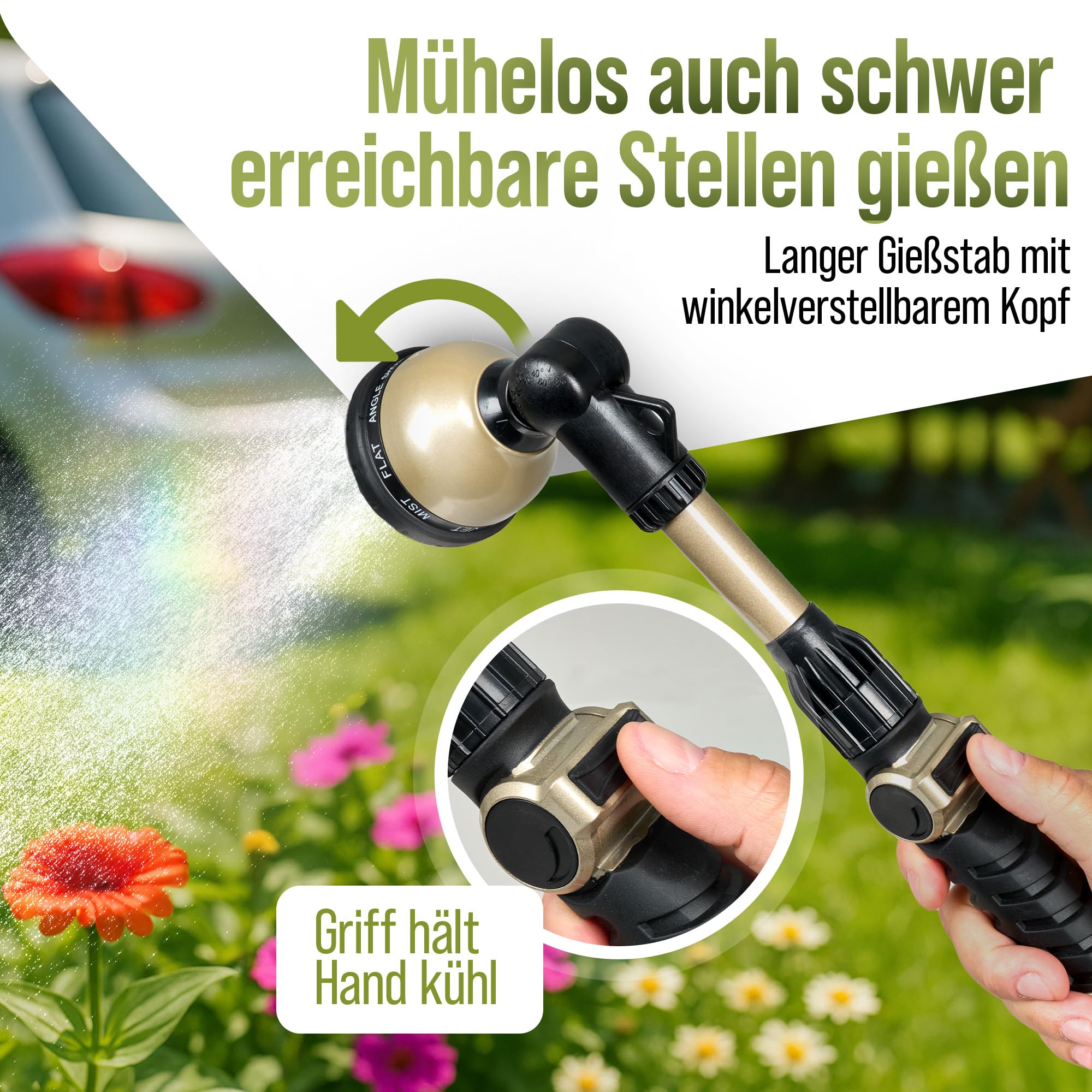 rainfactory Gießstab für Garten [10 Sprühmodi] Metall-Brausestab, langer Aluminium Comfort-Stab | Gartenbrause mit Messingadapter für schnelle Befestigung | Multibrause für Blumendusche & Beete