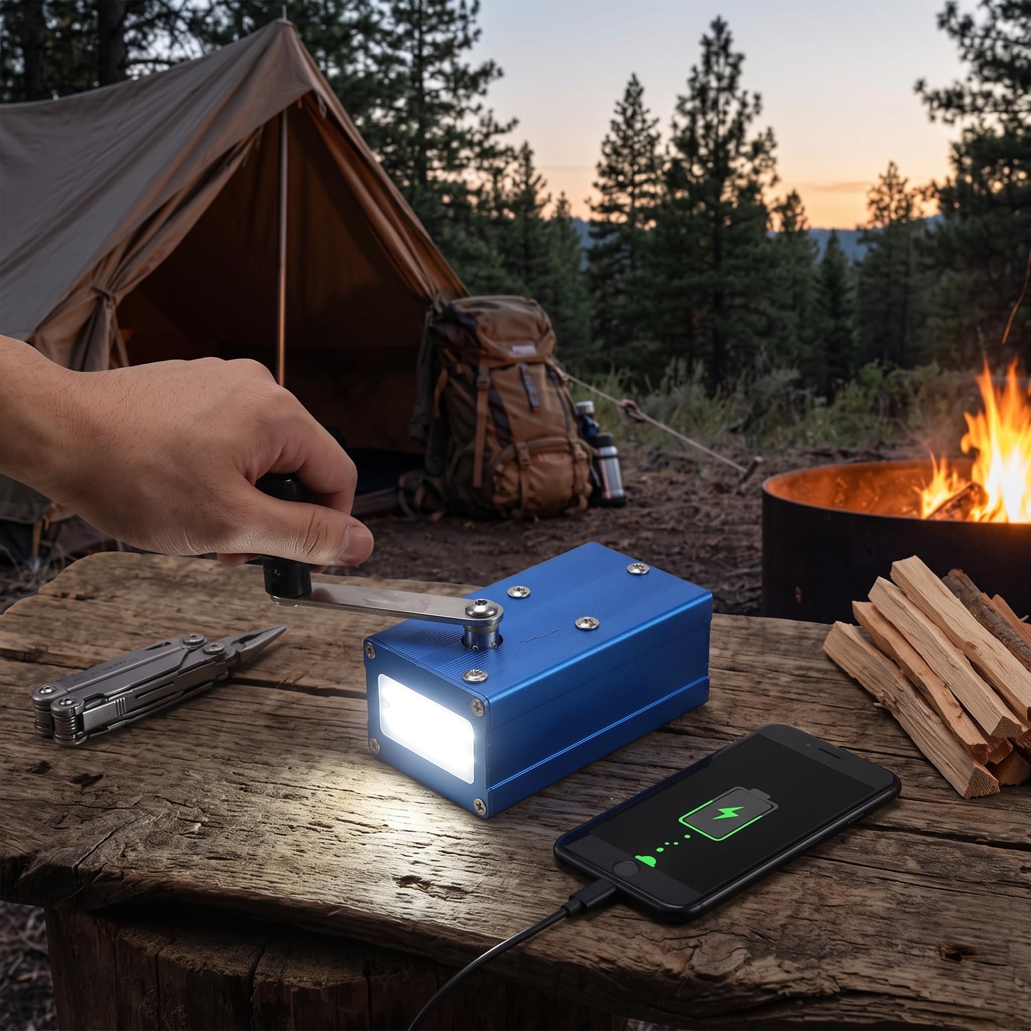 WALFRONT Handkurbelgenerator, Mobiles Ladegerät aus Aluminiumlegierung mit COB-Licht, Tragbar für Camping und Notfälle