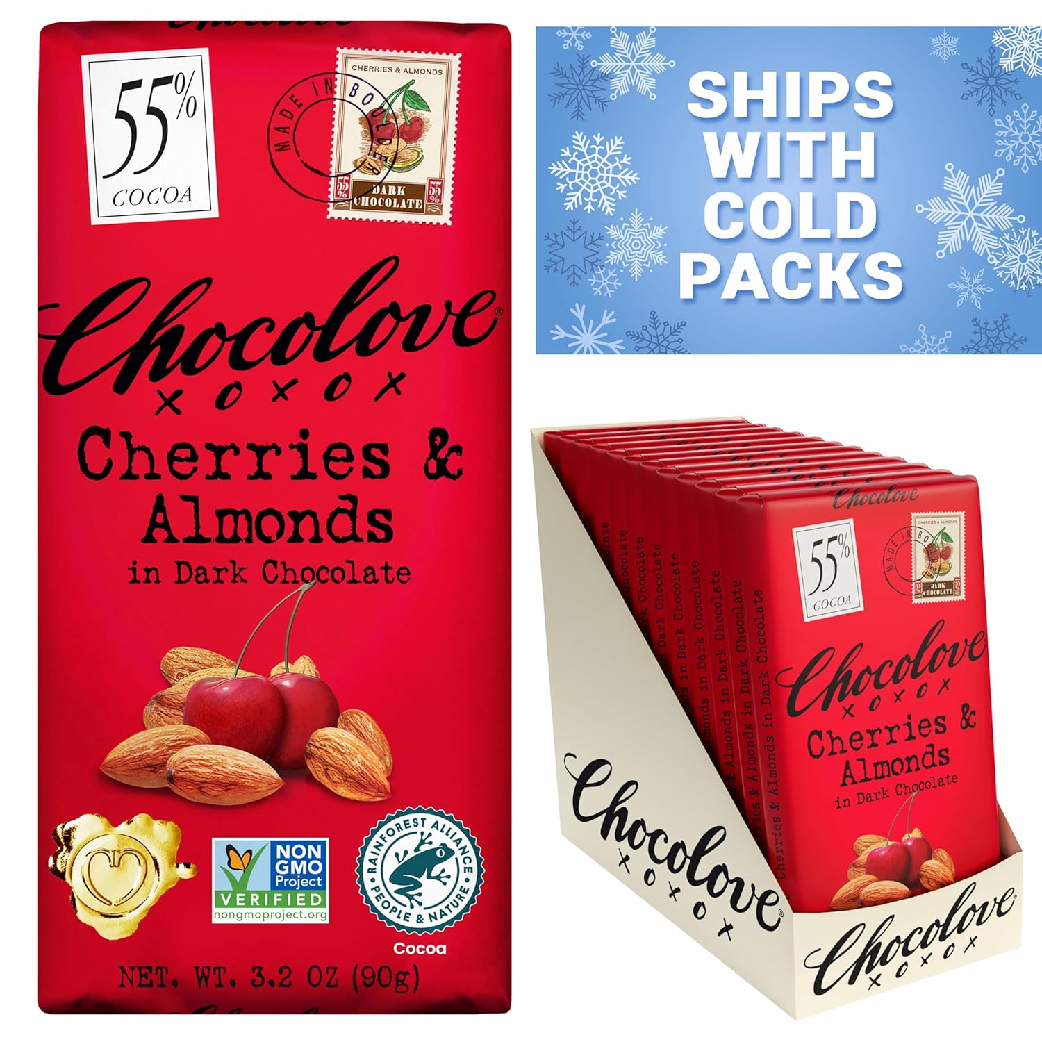 Chocolove Cherry & Almonds Dark Chocolate Bars | 55% Cocoa | Infused with Real Cherries & Crunchy Almonds | Crafted with Premium Belgium Chocolate | 3.2 oz Bar (12 Pack)