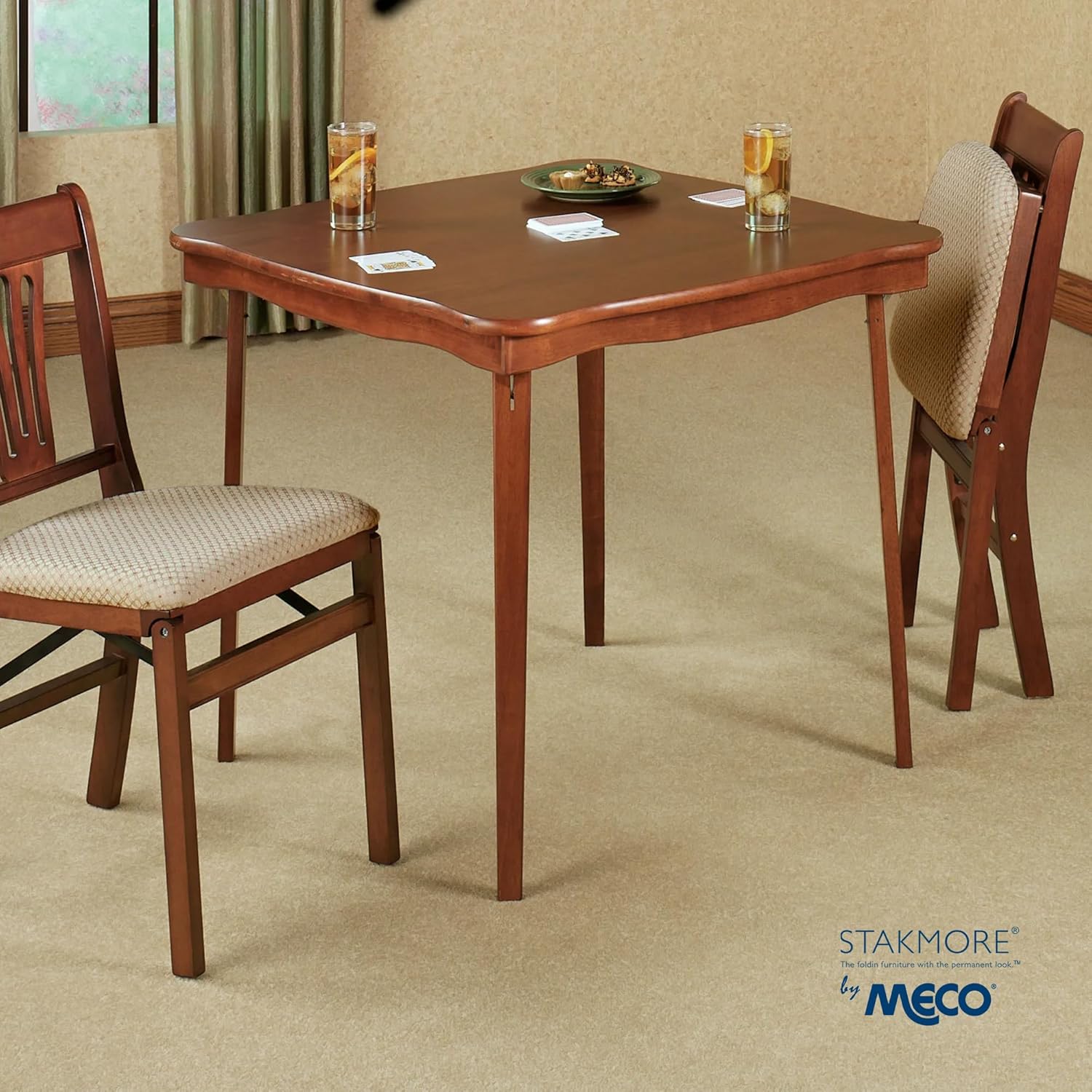 Meco Stakmore Stylish Durable Versatile Square Solid Wood Scalloped Edge Compact Folding Traditional Card Table for Home Use, Cherry : Everything Else