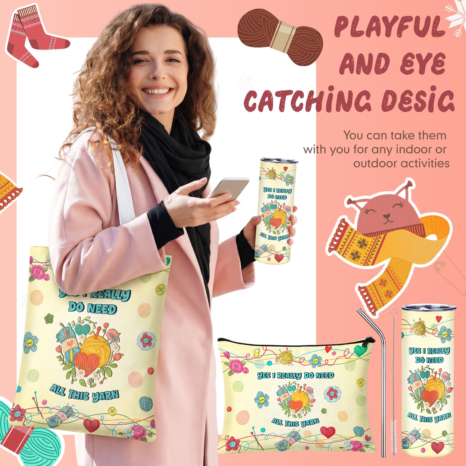 Funny Yarn Lover Gift Set 4 Pieces - Yes I Really Do Need All This Yarn Knitting Crochet Gifts for Women Mother's Day, Tote Bag Socks 20oz Tumbler Makeup Pouch for Crocheters Grandma Teacher