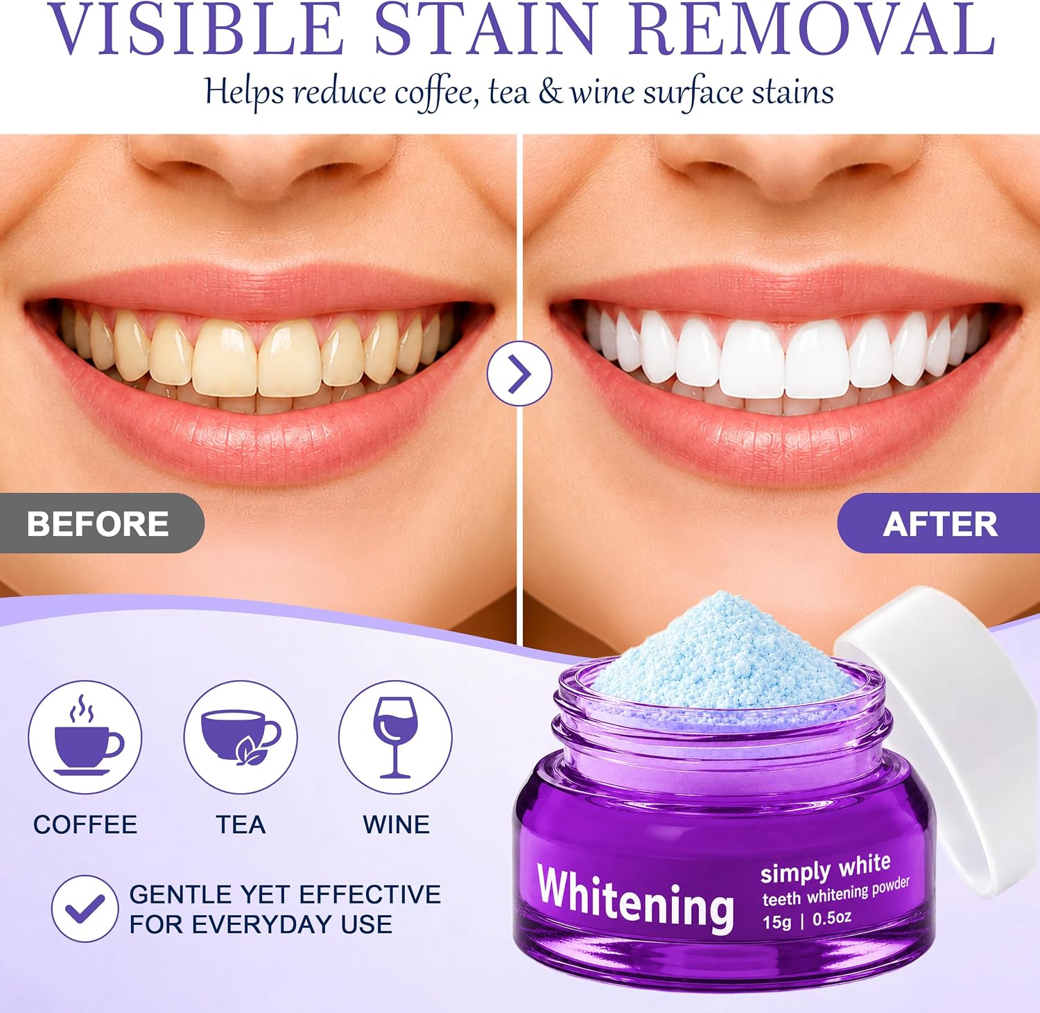 Purple Teeth Whitening Powder, Color Correcting Tooth Powder for Yellow Tone Appearance, Breath Freshening Whitening Powder for Coffee, Tea & Wine Stains, Daily Brushing, Purple, 15g