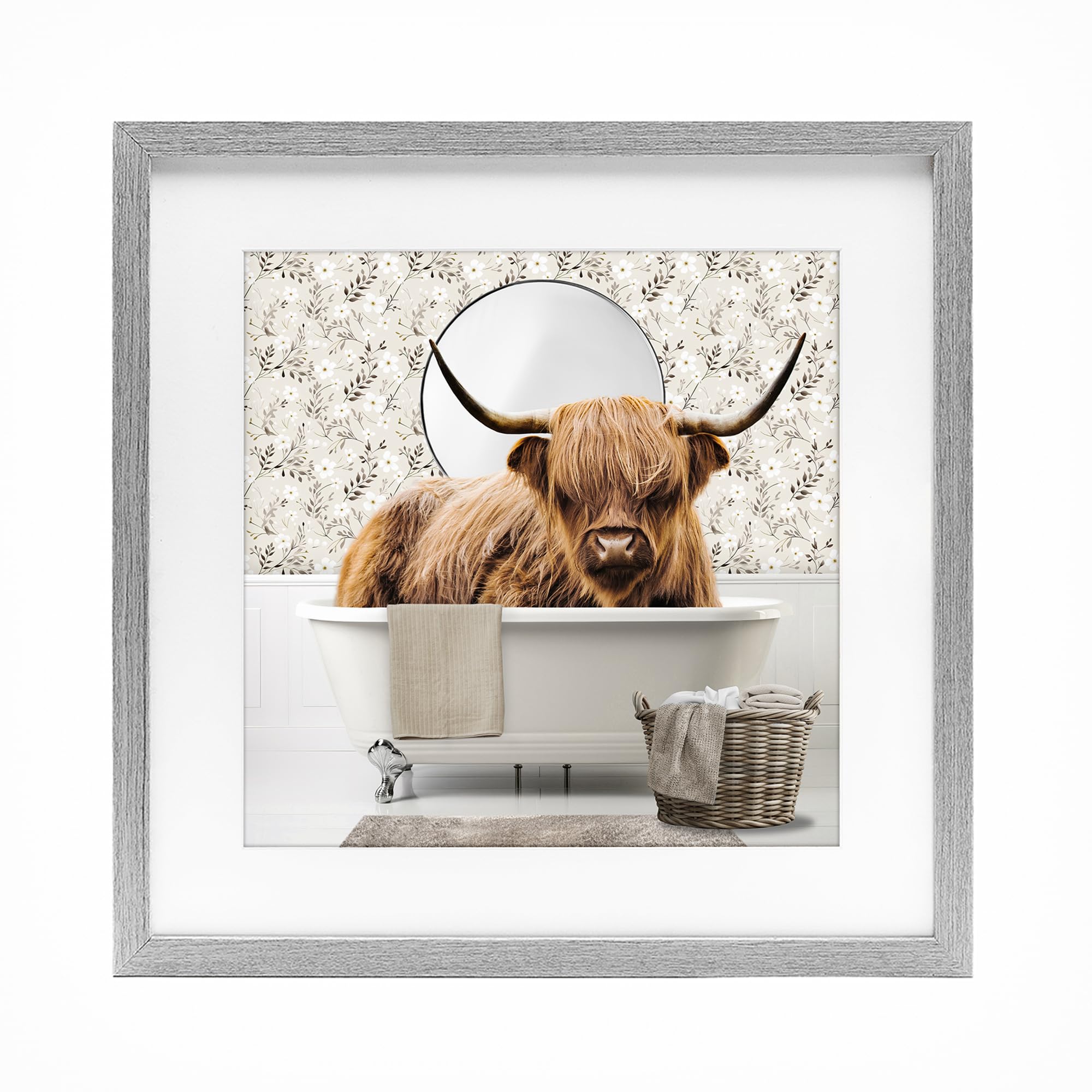 Cottage Cattle Bath Time Floral, 13 x 13 Inch Framed Print Under Glass