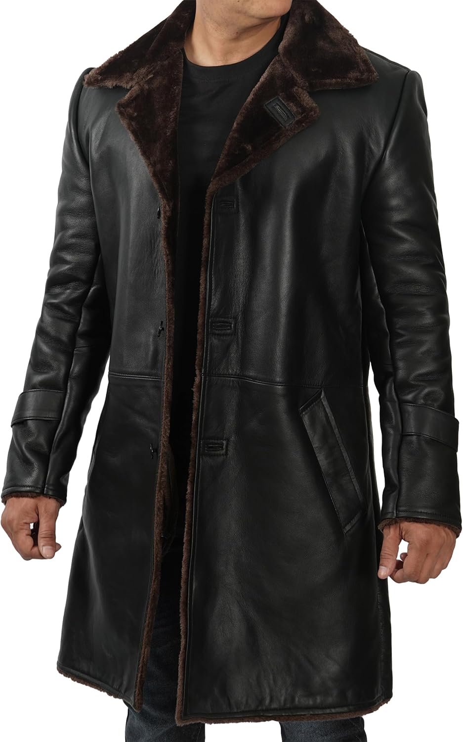 Blingsoul Black Car Coat Men - Winter Shearling Long Leather Jackets For Men