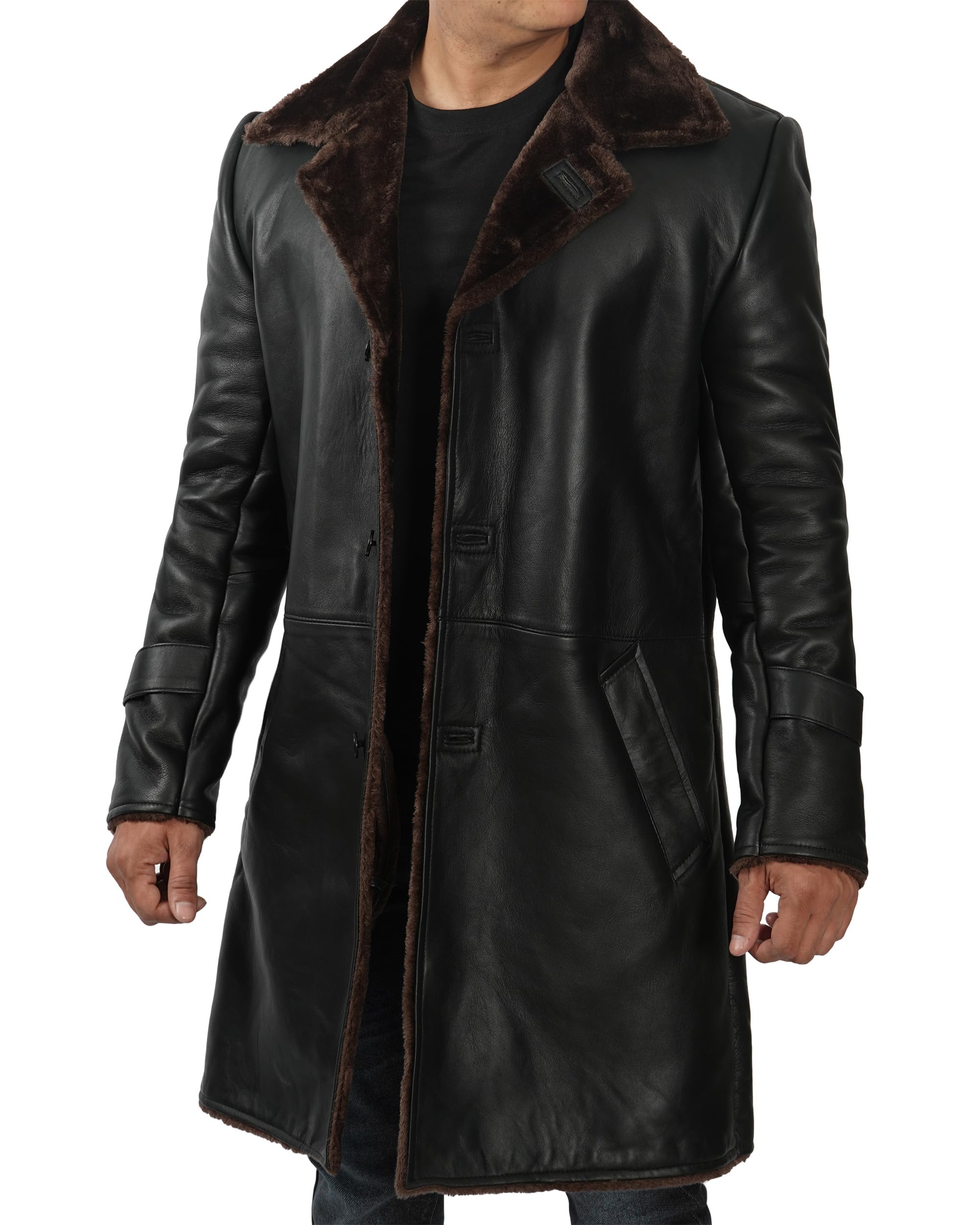 Blingsoul Mens Leather Car Coat - Real Lambskin Long Leather Jacket Men with Sherpa Collar, Winter Fur Leather Coat For Men