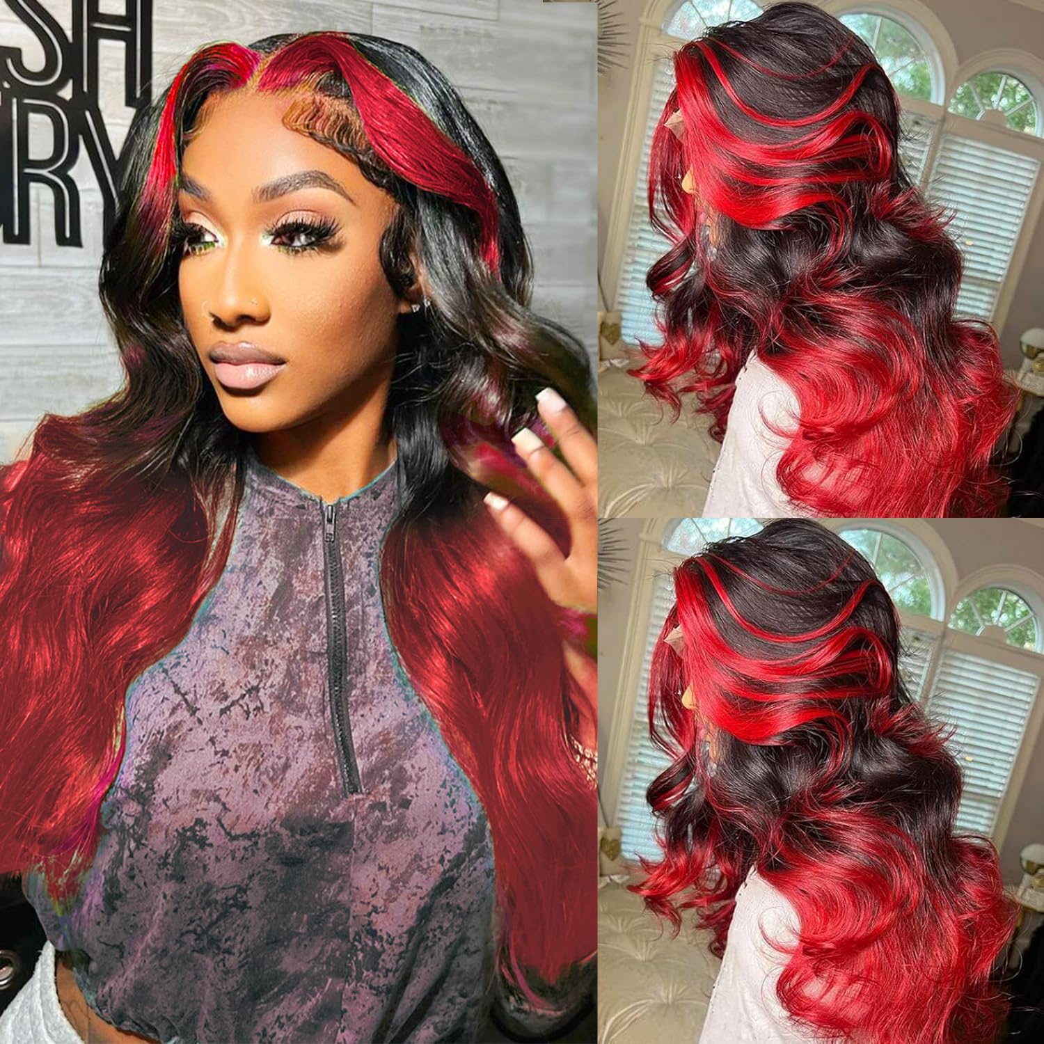 ? 22” DARK RED BODY WAVY LACE FRONT WIG *NEW* Rose - Wine Red With Dark Root Long Wavy Synthetic Lace  main image 4