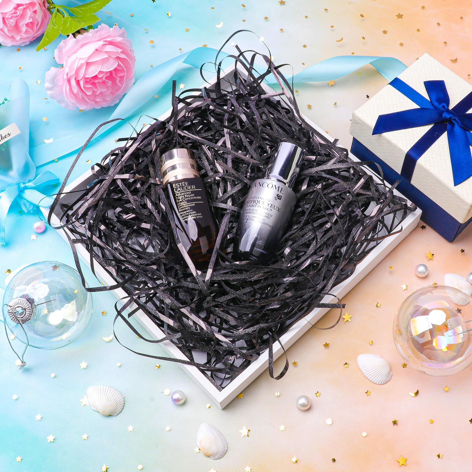 Verpackungsmaterial Füllmaterial Geschenkbox, 100G Glänzend Geschreddertes Papier Paket Weihnachten Geschenkkorb Füllpapier, DIY Papierschnipsel Ostergras Karton Geschenkfüll Material Raffia (Schwarz)