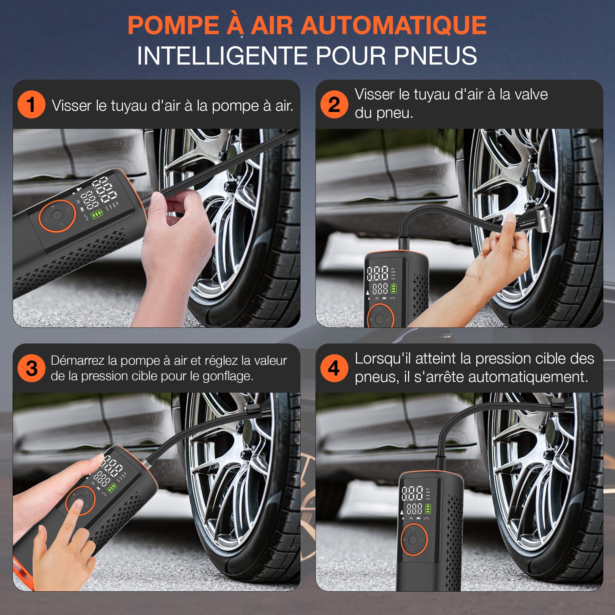 Compresseur Air Portable Voiture Compresseur D'air Sans Fil 150PSI - Gonfleur Rapide Pour Pneus Voiture, Vélo, Moto | Batterie 6000mAh | Arrêt Automatique électrique Valve Presta