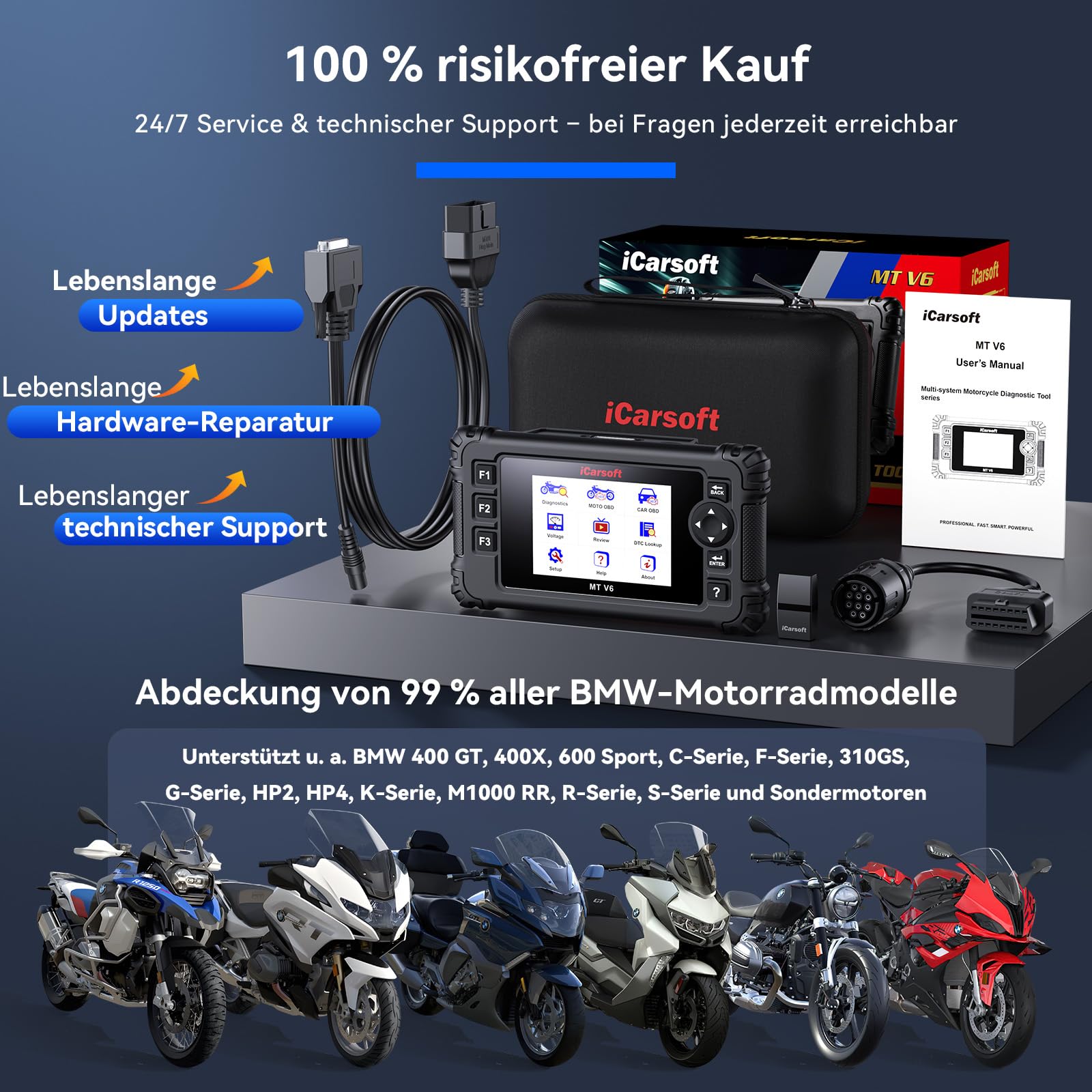 iCarsoft Motorrad OBD2 Diagnosegerät Bidirektional Passend für BMW mit ABS Bleeding, Throttle, Alle Systeme Motorrad-Diagnosetool, Multisystem-Diagnosecodeleser, mit Hot Reset Funktionen, Datenstrom