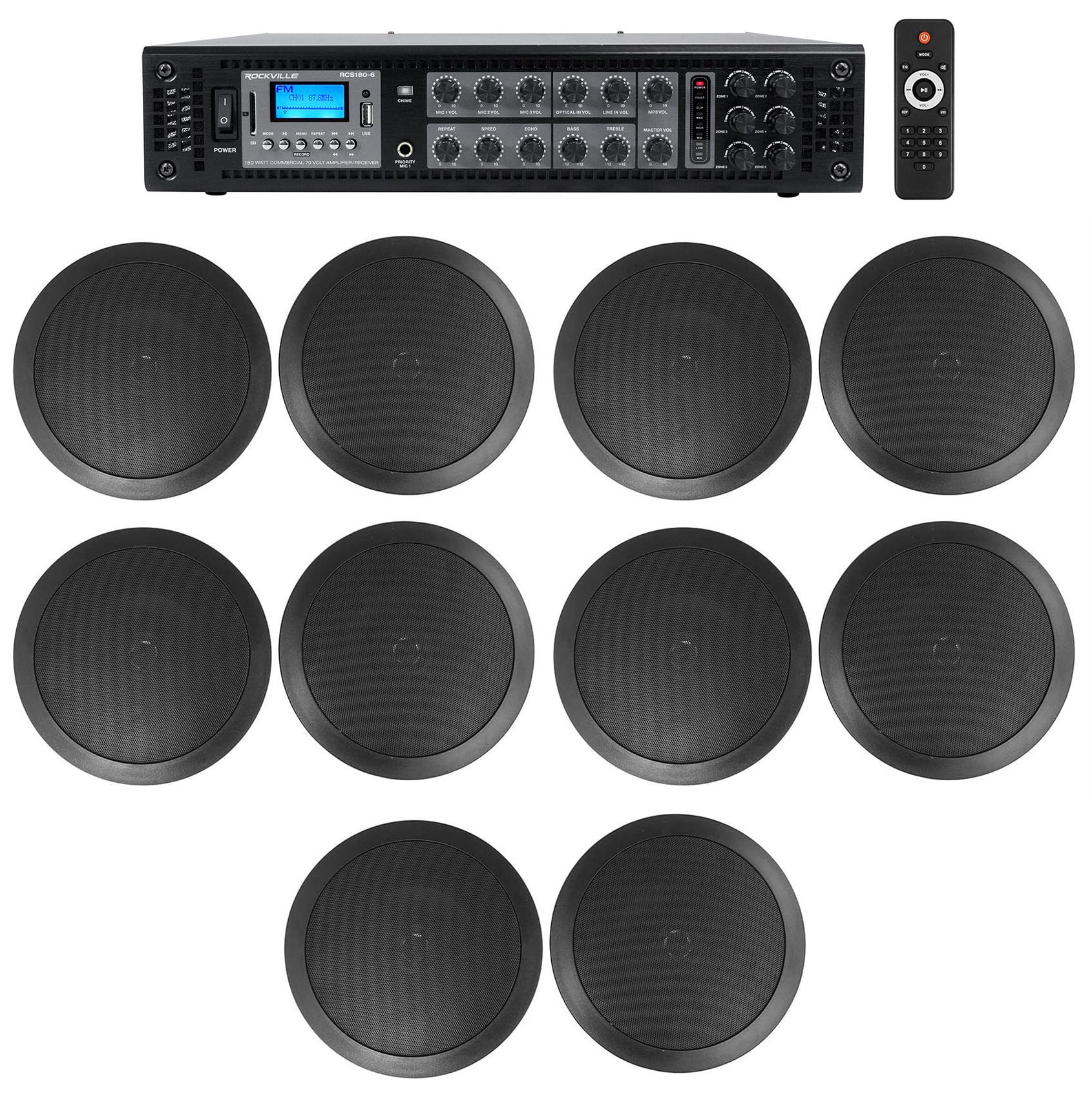 Rockville RCS180-6 Bundle: 184W 6-Zone 70V Commercial Amplifier, (10) CC65T 6.5" Ceiling Speakers 40W RMS 8-Ohm/70V Taps, Bluetooth, USB/SD Inputs, FM
