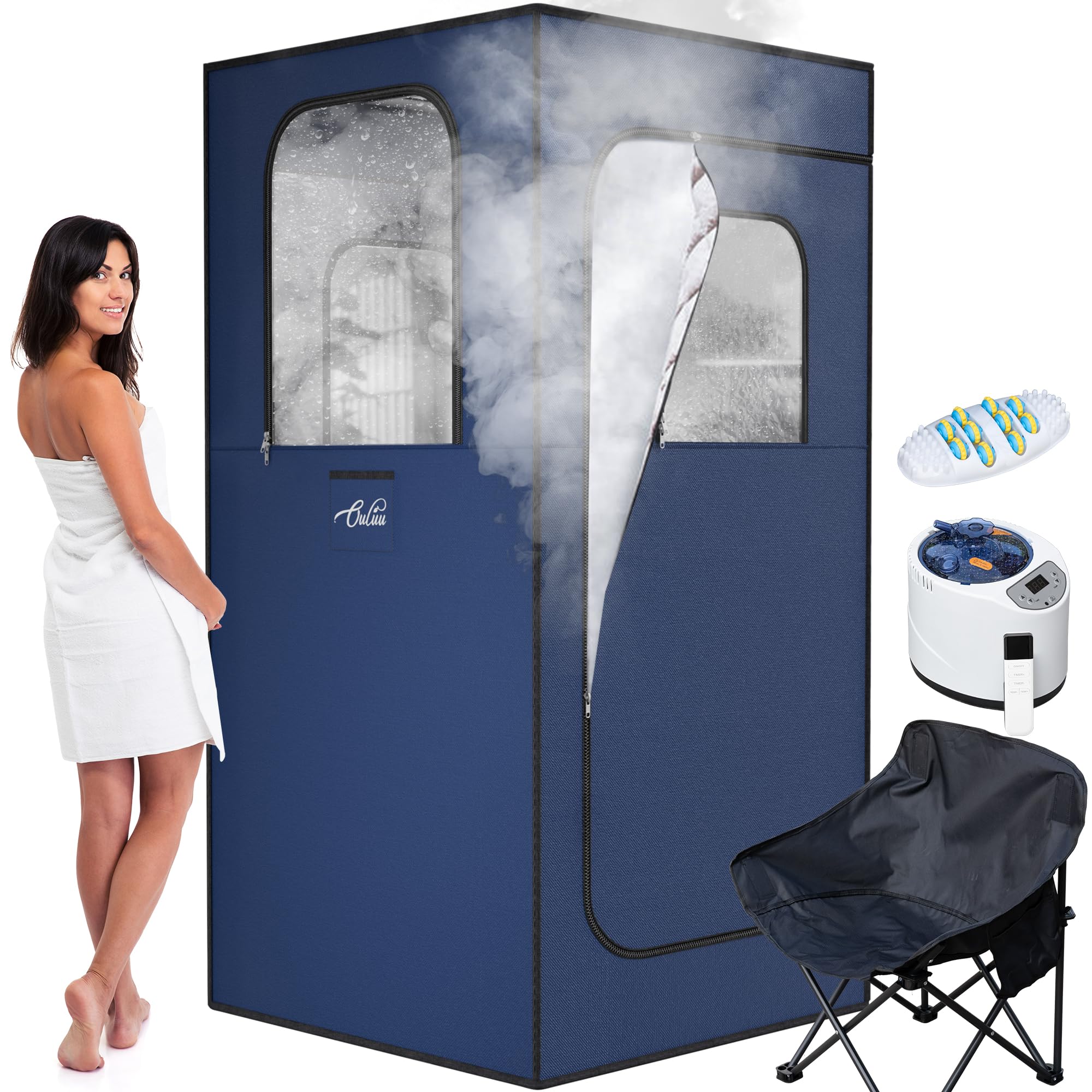Large Portable Steam Sauna, 3L Steamer Portable Sauna Box for Home, Personal Sauna with Big Sauna Chair, Remote Control, Foot Massager, 3.2’ x 3.2’ x 6.0’, Navy Blue, 1200W