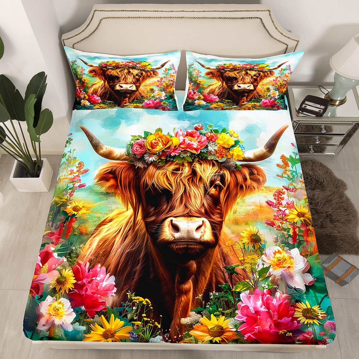 Feelyou Kids Highland Cow Sheet Set King Size - Floral Bowknot Pattern, Deep Pocket Fitted Sheet, Pillowcases
