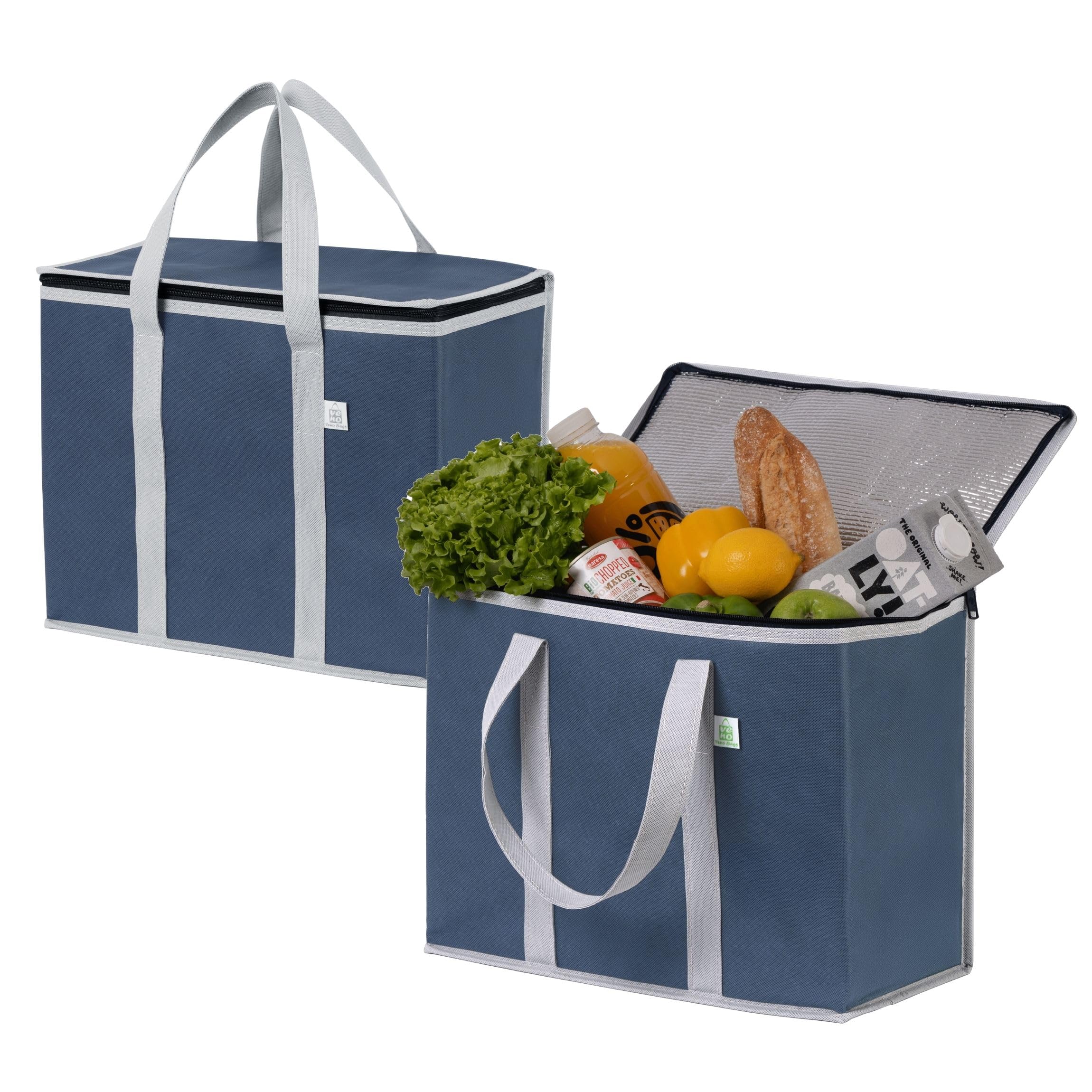 VENO 2 Pack Insulated Reusable Grocery Bag, Food Delivery Bag, Durable, Heavy Duty, Large Size, Stands Upright, Collapsible, Sturdy Zipper, Reusable and Sustainable (Blue, 2 Pack)