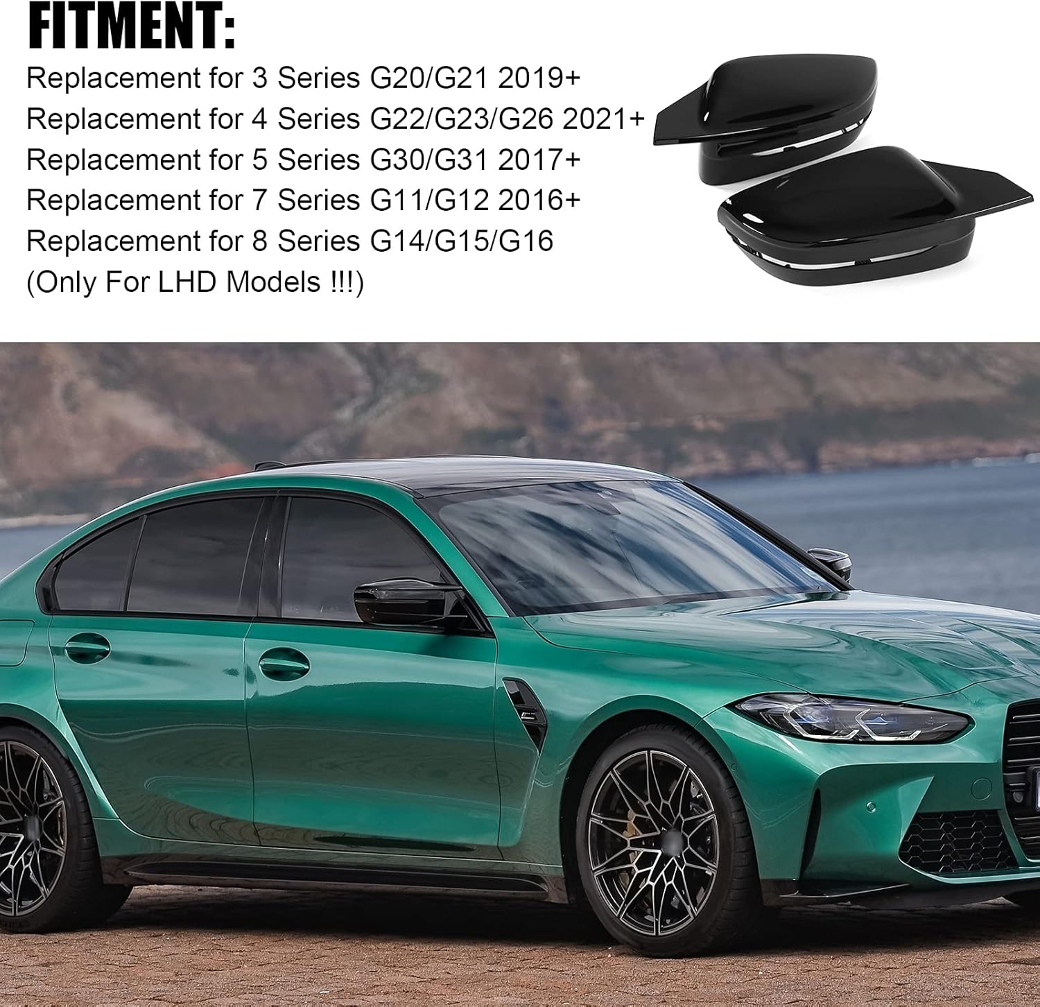 Rearview Mirror Cover, Gloss Black Door Mirror Shell, Tough Wing Mirror Housing, Side Mirror Cap for 3 4 5 Series G20 G22 G30 G11 G14
