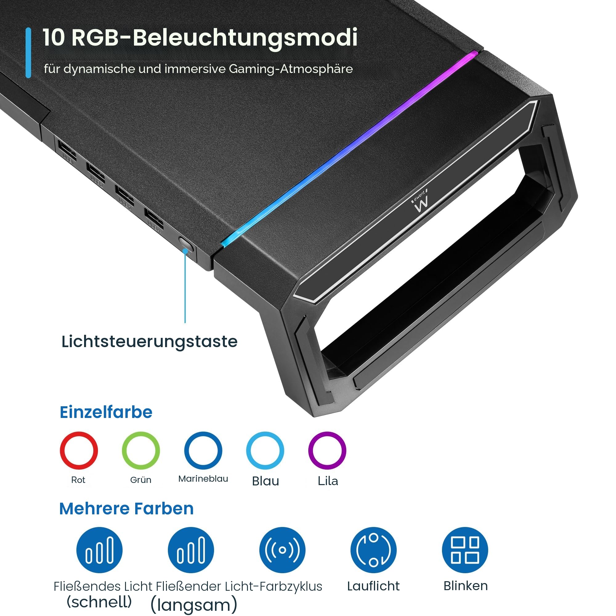Ewent Monitorständer, RGB Monitor Riser, Klappbar, Smartphone- und Tablet-Halterung mit Ablagefach und 4 USB Anschlüsse, Ergonomischem Druckerständer für Laptop, Computer, Notebook, iMac, PC, Schwarz