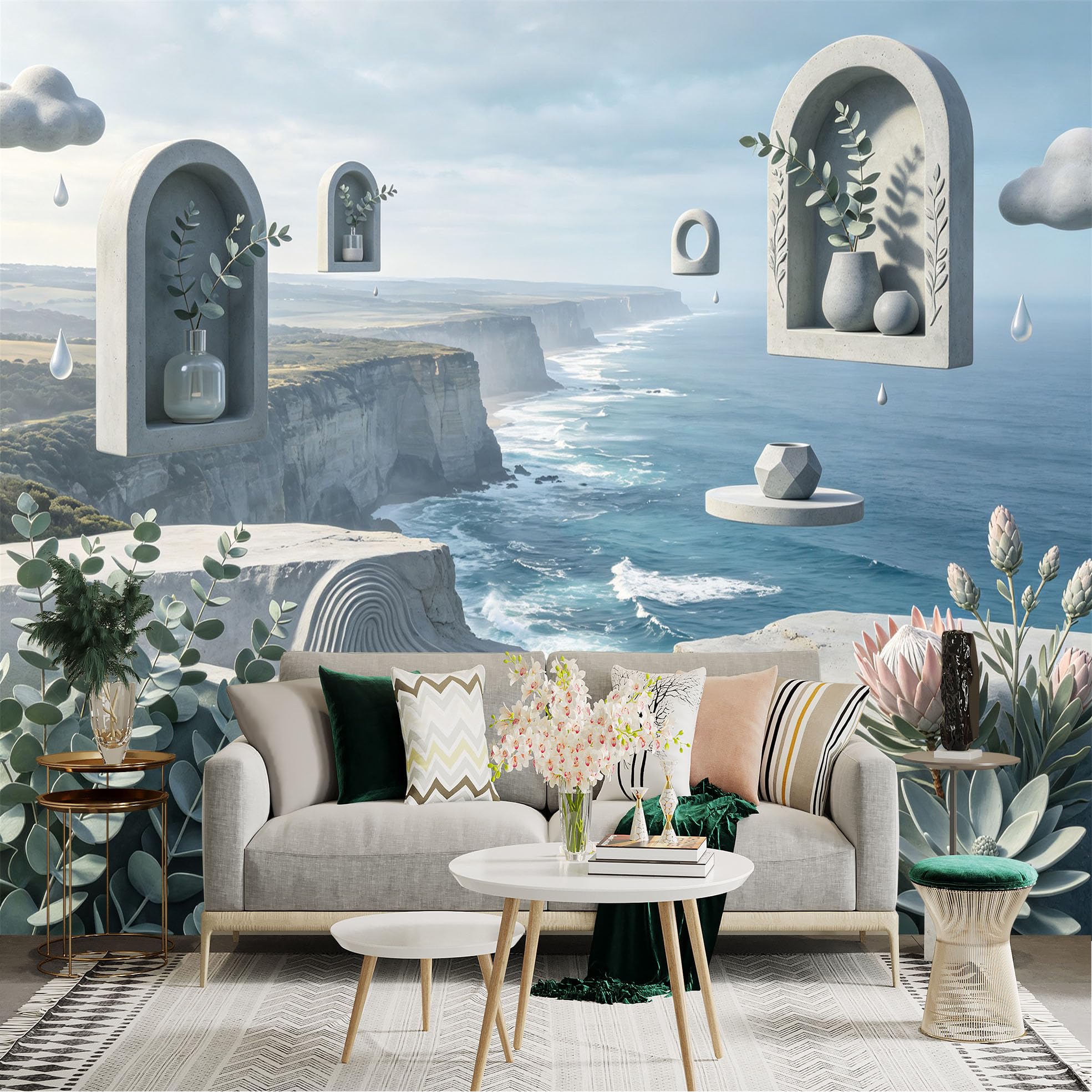 Lnzczhyre Bh260719111 Custom Size Wall Sticker Mural， Surreal Coastal Cliff Landscape， Floating Arch Niches， Botanical Succulent Decor， Zen Oceanic View， For Wall Decoration， Peelandstick Wall Decals.